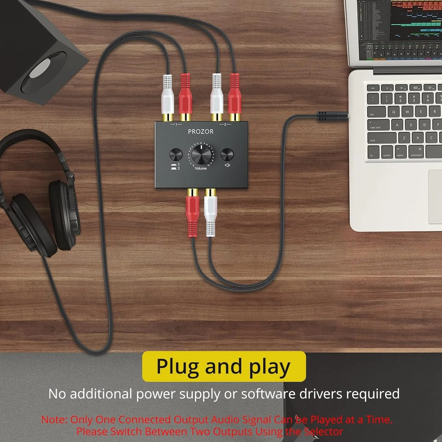 PROZOR Przełącznik audio stereo RCA 2 (1)-w-1(2)-wyjście dwukierunkowy przełącznik audio stereo R/L z przyciskiem wyciszenia i nie wymaga zasilania zewnętrznego