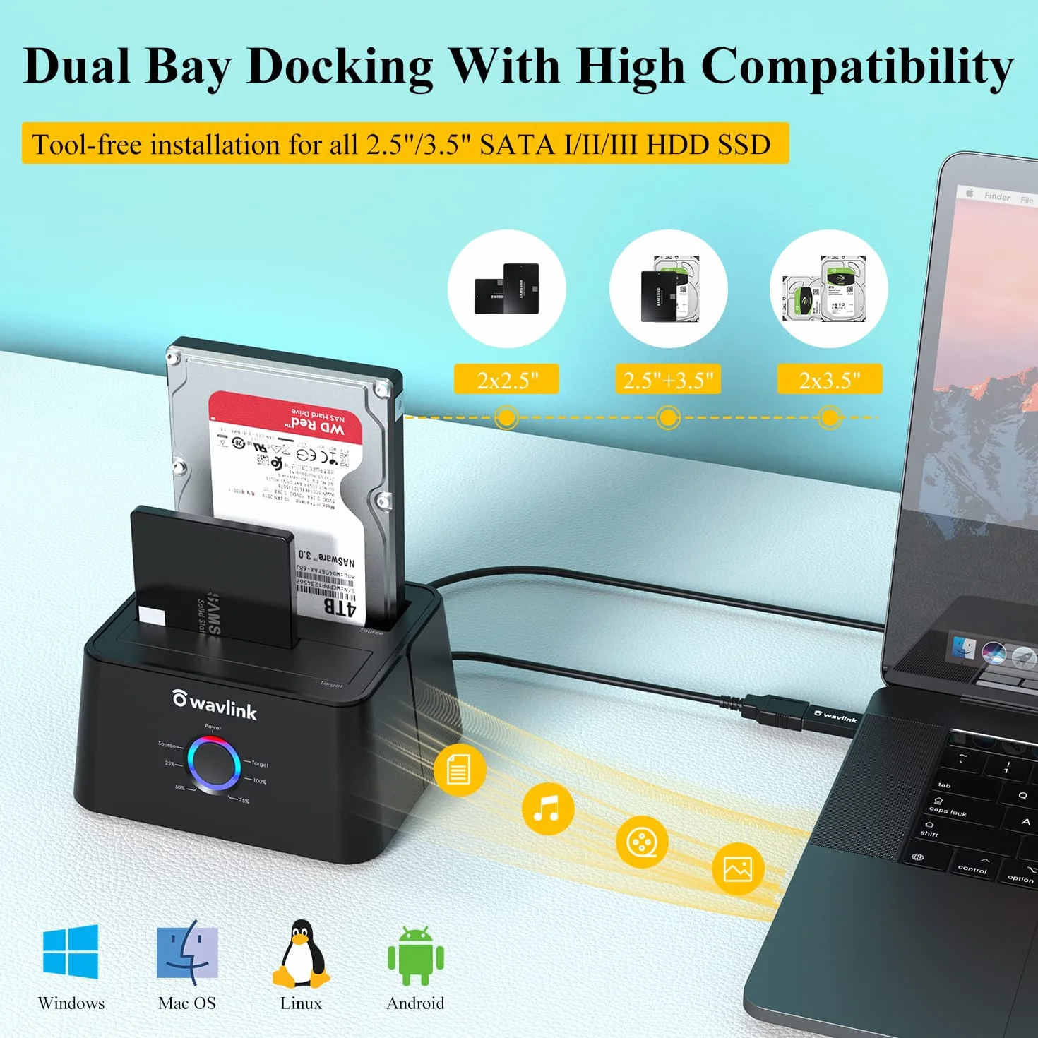 WAVLINK Dual Bay SATA do USB 3.0 / USB C zewnętrzne dyski twarde stacja dokująca do 2,5 lub 3,5-calowego dysku twardego, funkcja kopiowania/klonowania dysków twardych - czarna
