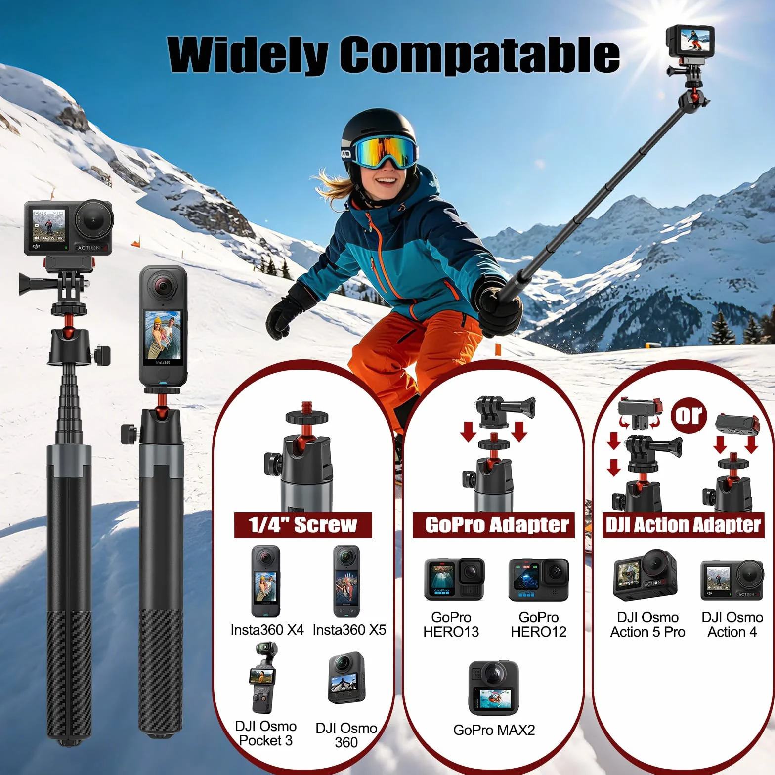 Wiseten Statyw do selfie 170 cm do DJI Osmo Pocket 3 DJI Action 5 Pro/4 Insta 360 X5 X4 GoPro Hero 14/13/12/11/10/9 Black, Action Cam statyw podróżny 2 w 1 / uchwyt / uchwyt / uchwyt / akcesoria