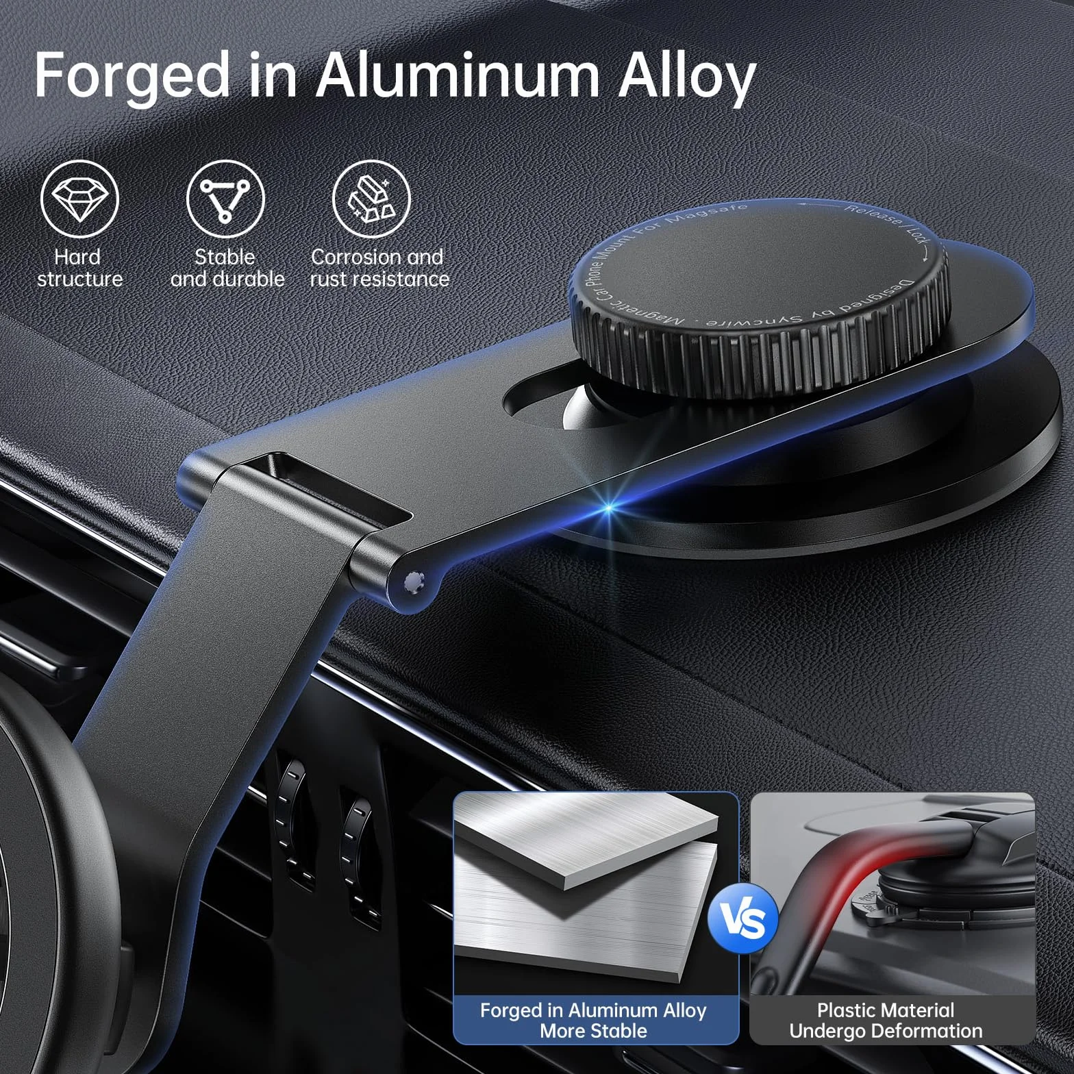 SYNCWIRE Pasuje do uchwytu samochodowego MagSafe do uniwersalnej deski rozdzielczej, ekranu Tesla, magnetycznego uchwytu na telefon do samochodu, składane ramię ze stopu aluminium, super stabilny