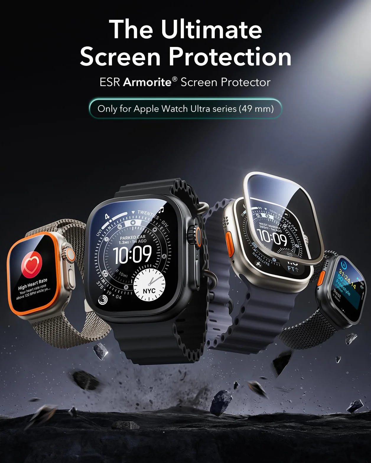 ESR Armorite Ochraniacz ekranu do Apple Watch Ultra 3 2025 / Ultra 2 / Ultra (49 mm), ochrona klasy wojskowej, folia ze szkła hartowanego z ramą ze stopu aluminium, odporna na zarysowania, 2 sztuki