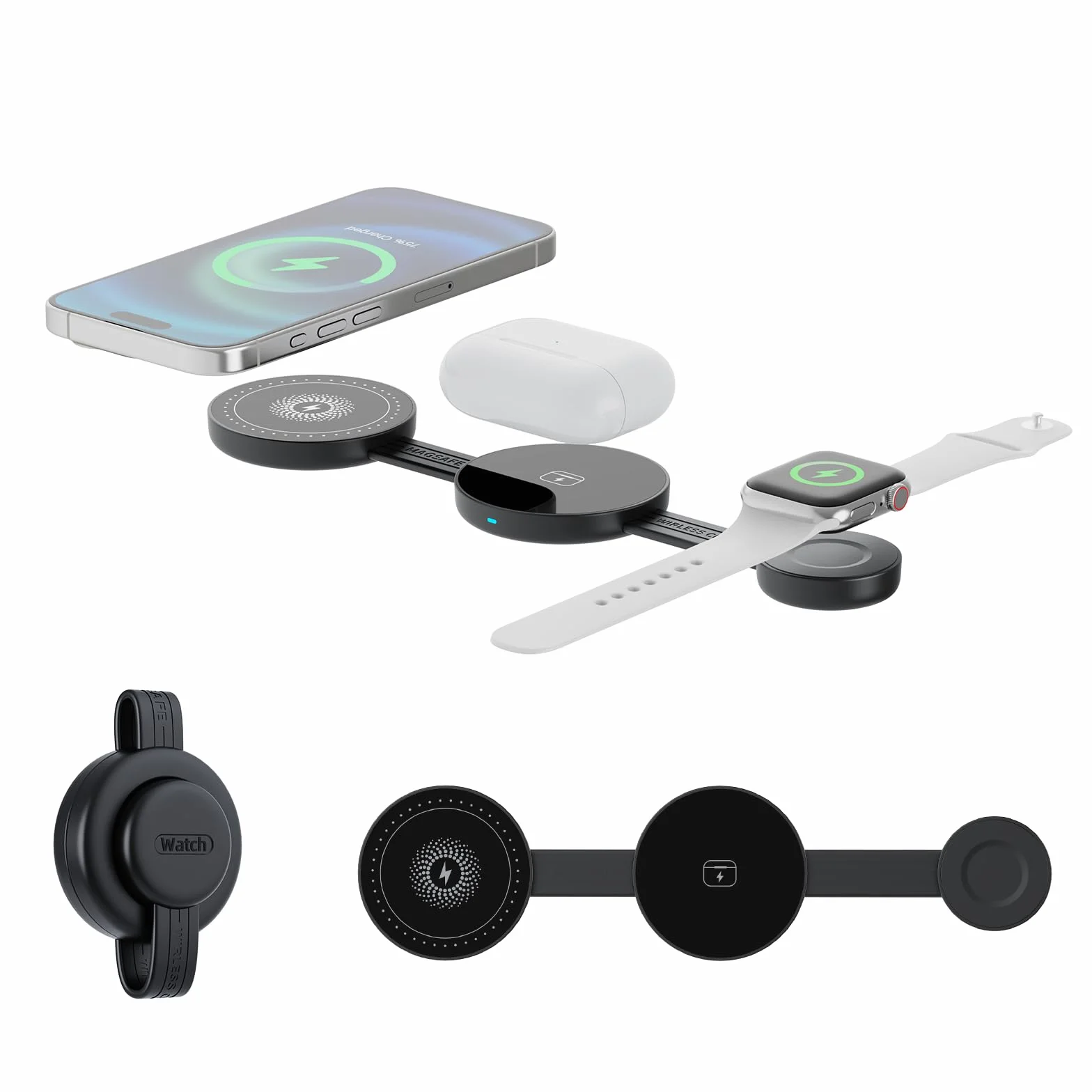 Bezprzewodowa stacja ładująca 3 w 1, składana ładowarka kieszonkowa kompatybilna 15W, składana podróżna podkładka ładująca do iPhone 17/16, AirPods, Apple Watch