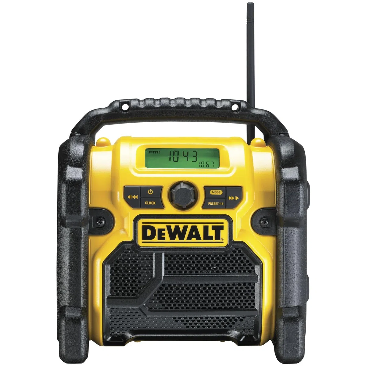 DEWALT Radio budowlane DCR019 – 2 w 1 akumulatorowe radio i sieć z wejściem AUX, wytrzymała obudowa, przechowywanie kabla, elastyczna antena i pałąk – przenośne radio do odbioru sygnałów analogowych