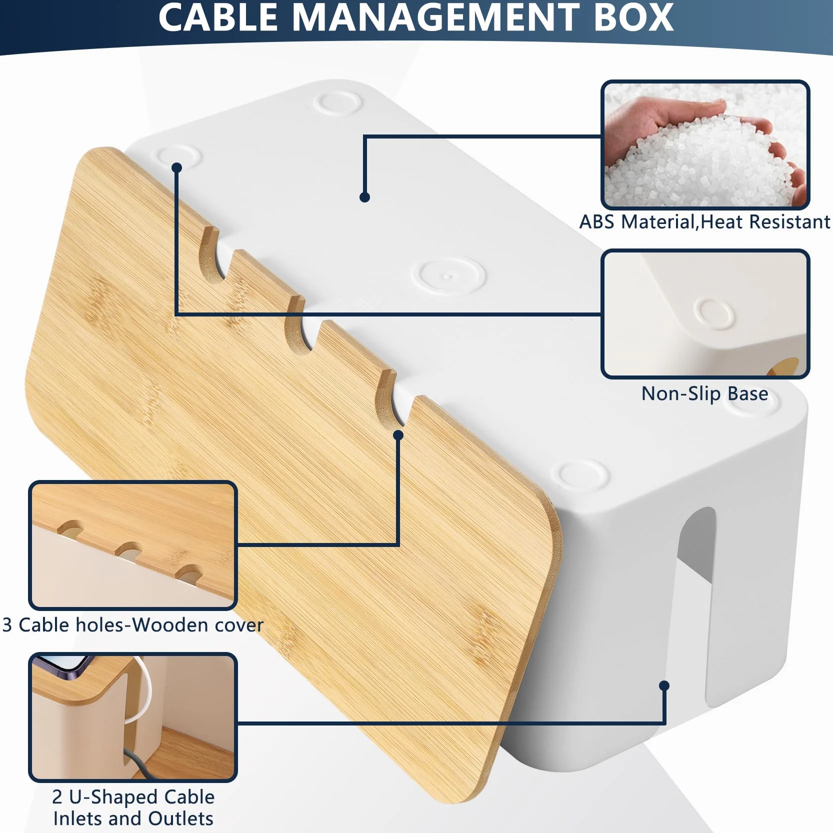 Skrzynka na Kable 3 Sztuki Pudełko z Drewnianą Pokrywką, Cable Organizer Box z Taśmami, Duży Średni Mały