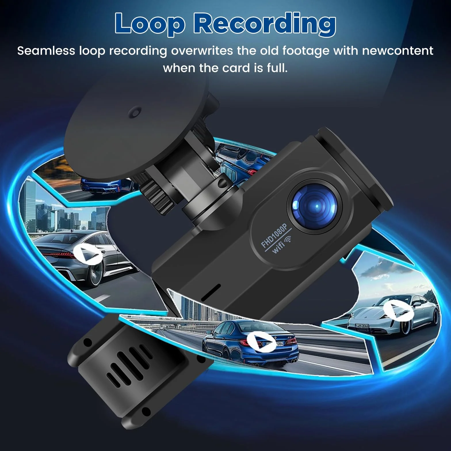 Bezprzewodowa kamera samochodowa Dash Cam WiFi – 3 kanały wewnętrzne z tyłu, Full HD 1080P, 2" IPS, noktowizor, wykrywanie ruchu, pętla, karta 64 GB w zestawie, obiektyw obrotowy