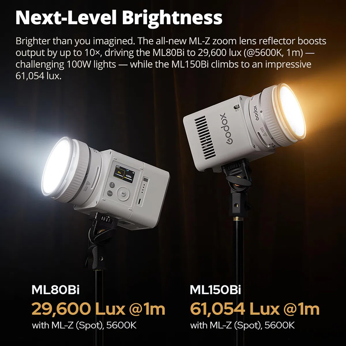 Godox ML150BI Dwukolorowe oświetlenie LED wideo, 2800K-6500K 61054 Lux Zestaw Oświetlenia Wideo, Kontrolka APP/DMX/NFC, z obiektywem zoom ML-Z i reflektorem oraz adapterem akumulatora V-Mount ML-VMA