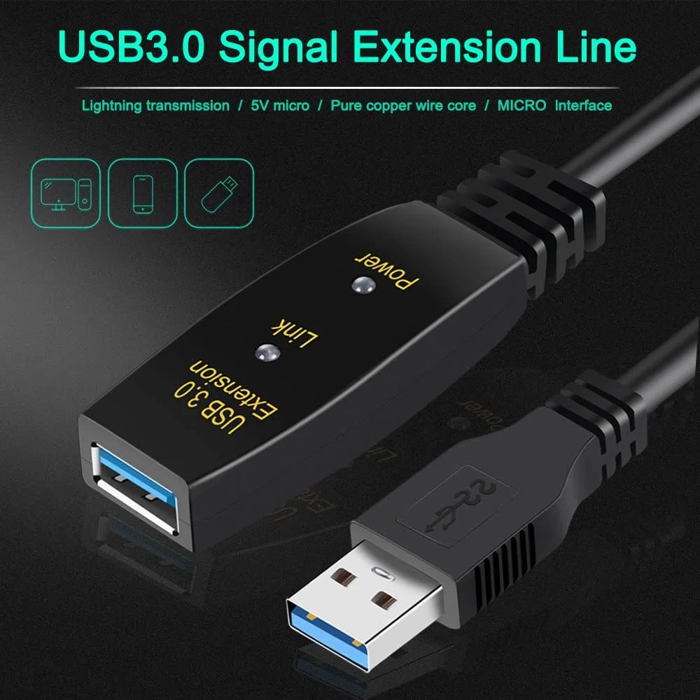 Przedłużacz USB, USB 3.0, aktywny repeater, wtyczka USB na gniazdo, ze wzmocnieniem sygnału, aktywny kabel do drukarek, klawiatur, konsoli do gier (20 m)
