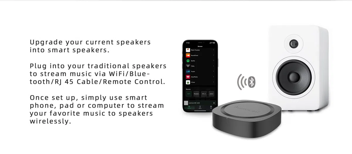 Audiocast Wielopokojowy bezprzewodowy odbiornik audio WiFi konwertuje głośniki przewodowe na AirPlay kompatybilny z Bluetooth i Ethernet