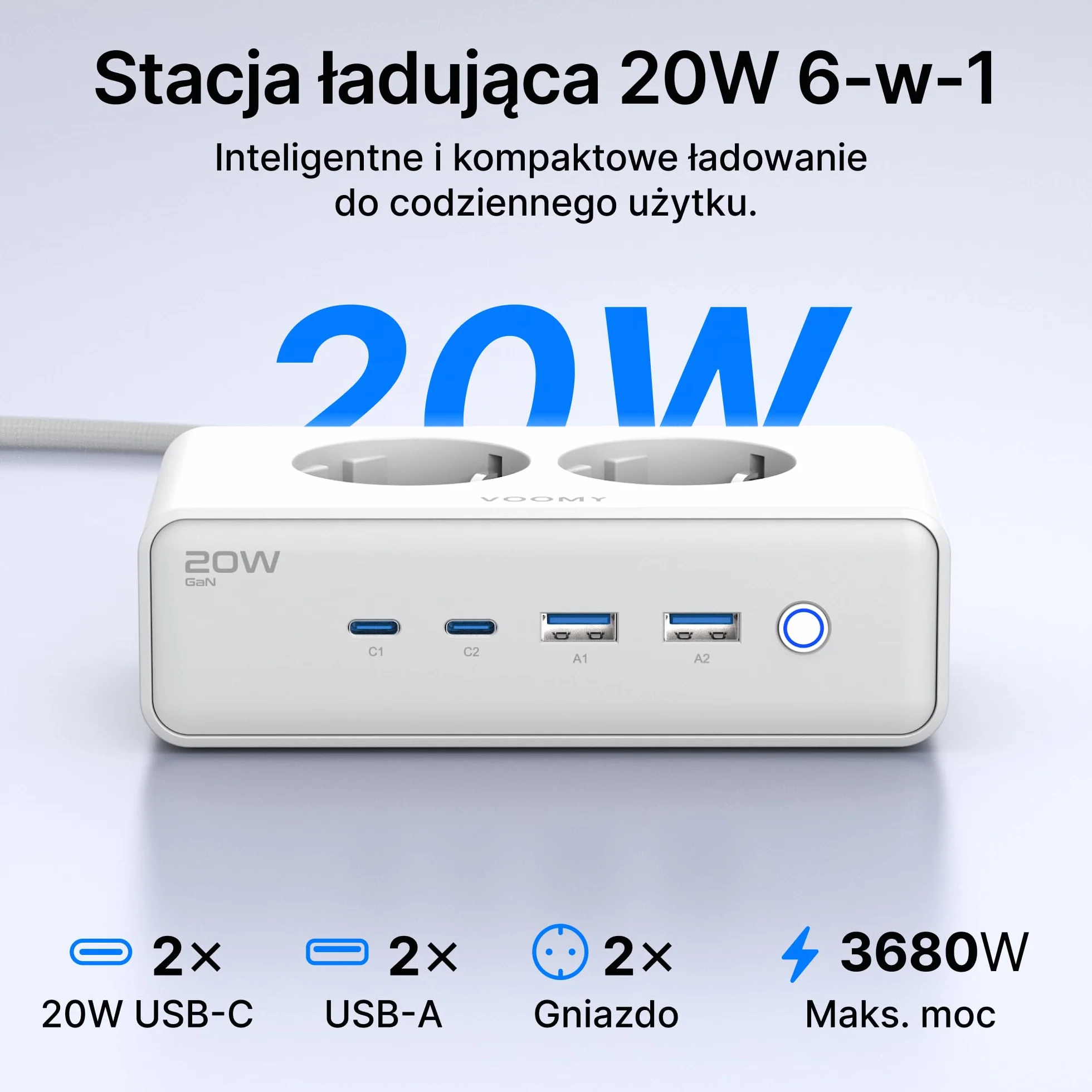 Voomy Listwa Zasilająca z Portami USB 20W, Ochrona przed Przepięciami, Przeciążeniem i Zwarciem, Zabezpieczenie Bezpieczeństwa, 2 Metry (Biały)