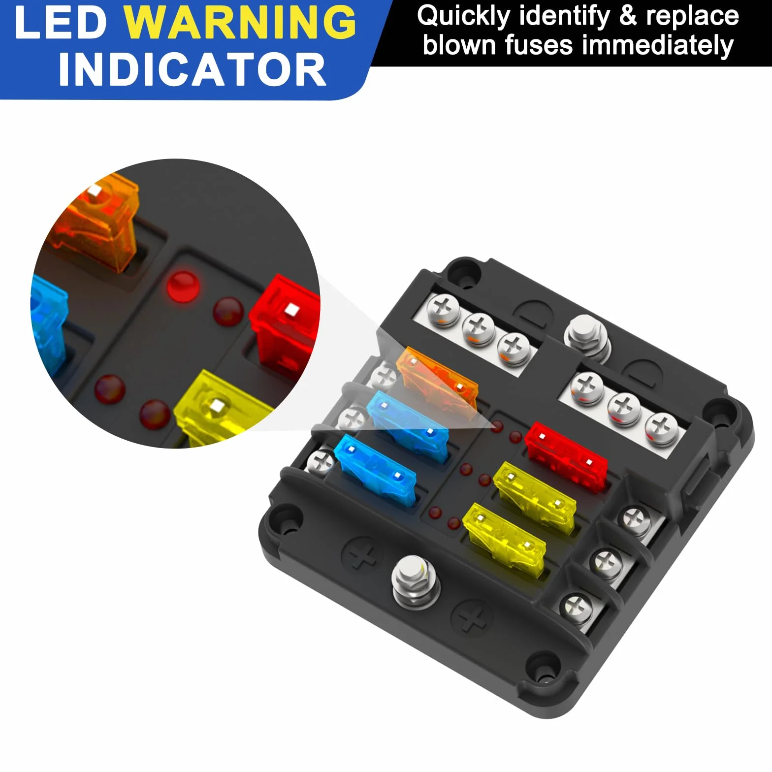 6-kierunkowa skrzynka bezpieczników, 12 V/24 V DC, ATC/ATO, z 16 bezpiecznikami, wskaźnik LED, ujemne ostrze magistrali do samochodu, łodzi, kampera, ciężarówki, morskiego