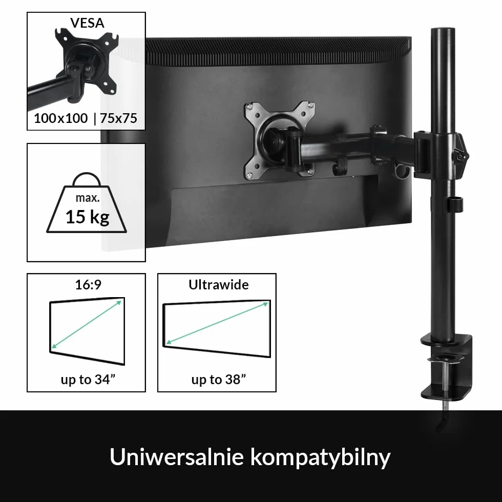 ARCTIC Z1 Basic - ramię do montażu na biurku pojedynczego monitora do 34"/38" Ultrawide, uchwyt na monitor, waga do 15 kg, obrót o 360°