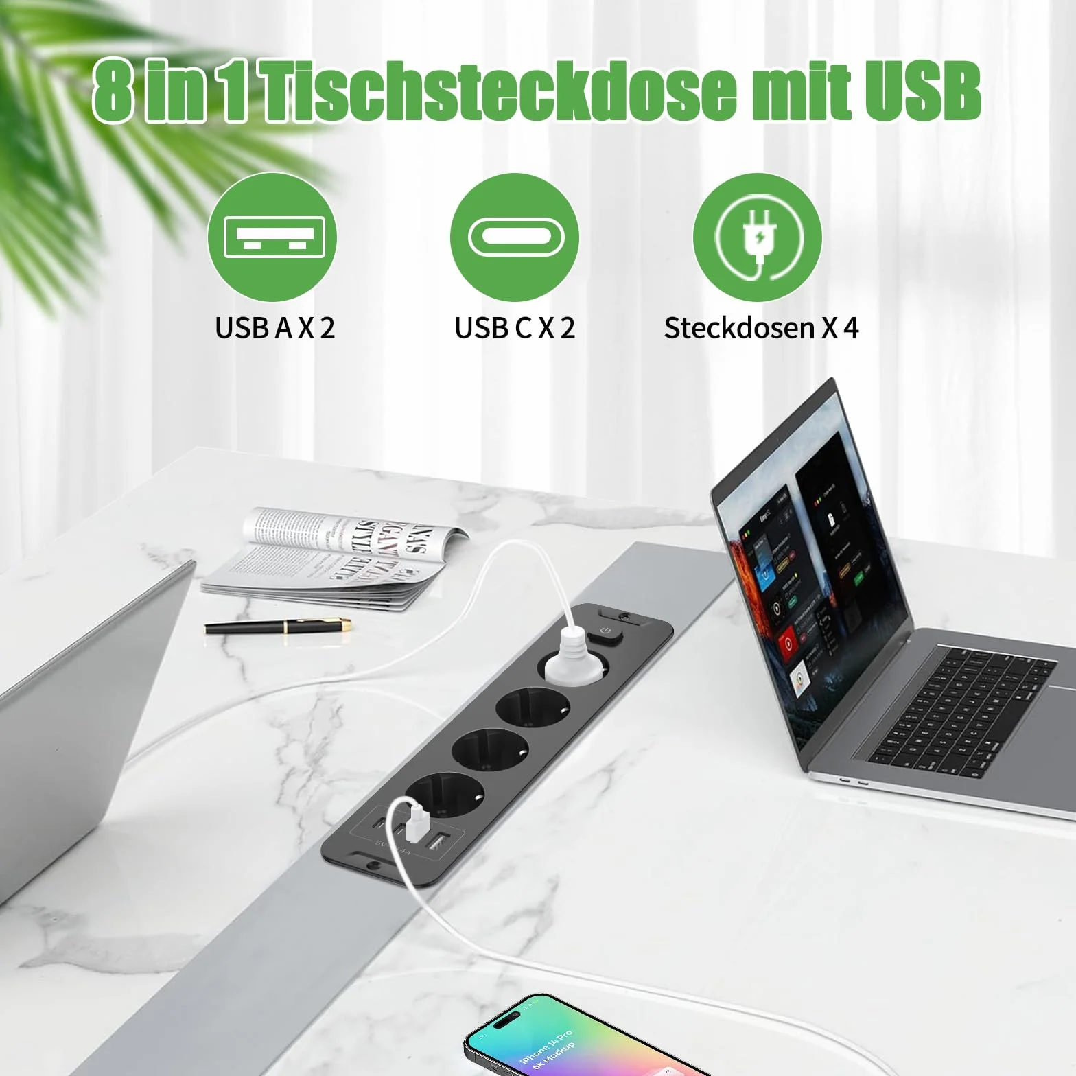 Wysuwane gniazdo wtykowe z 4 gniazdami, listwa zasilająca do zabudowy z 2 USB, gniazdo wtykowe z 2 gniazdami USB C, blat stołu, wpuszczane gniazdko – kabel 2 m, kolor czarny