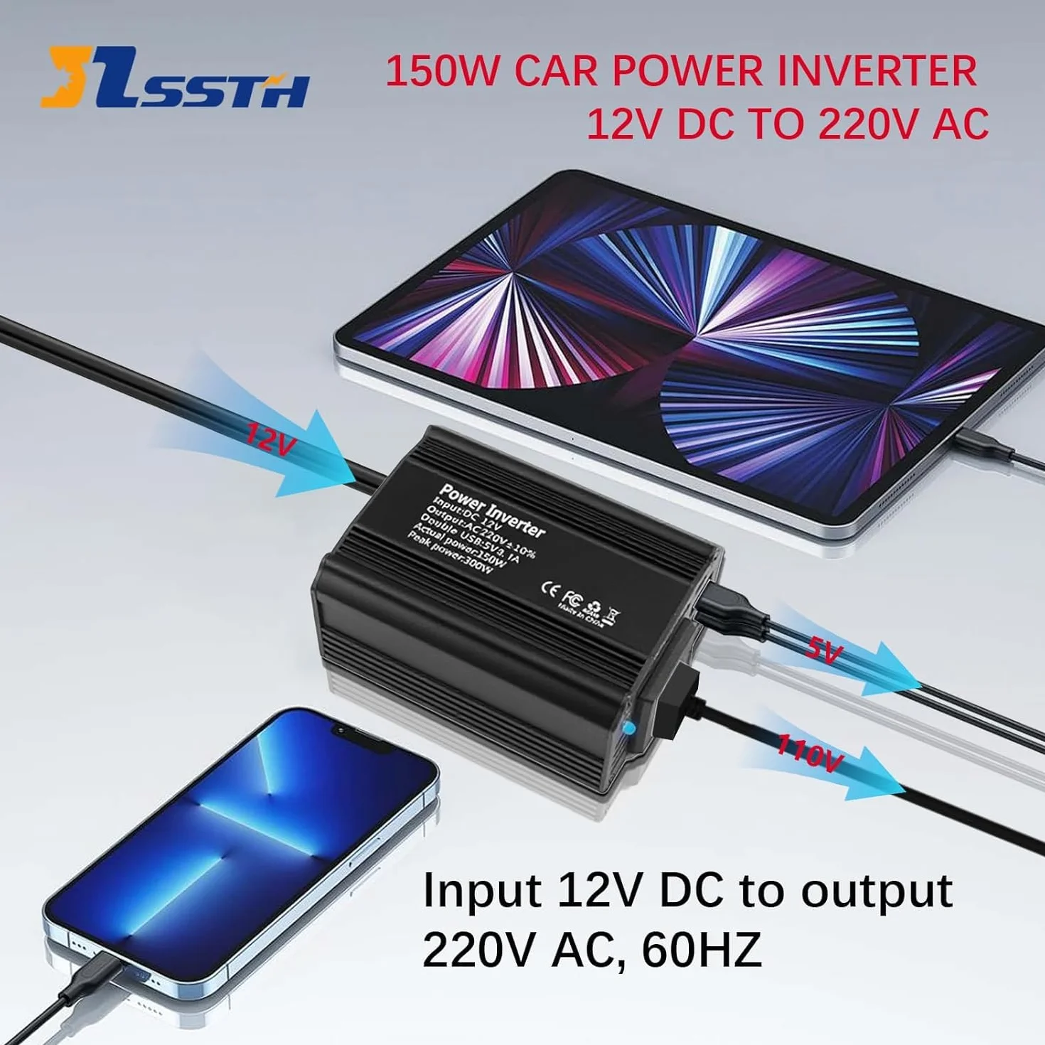 Falownik samochodowy 150 W DC 12 V na AC 230 V z zapalniczką czarny