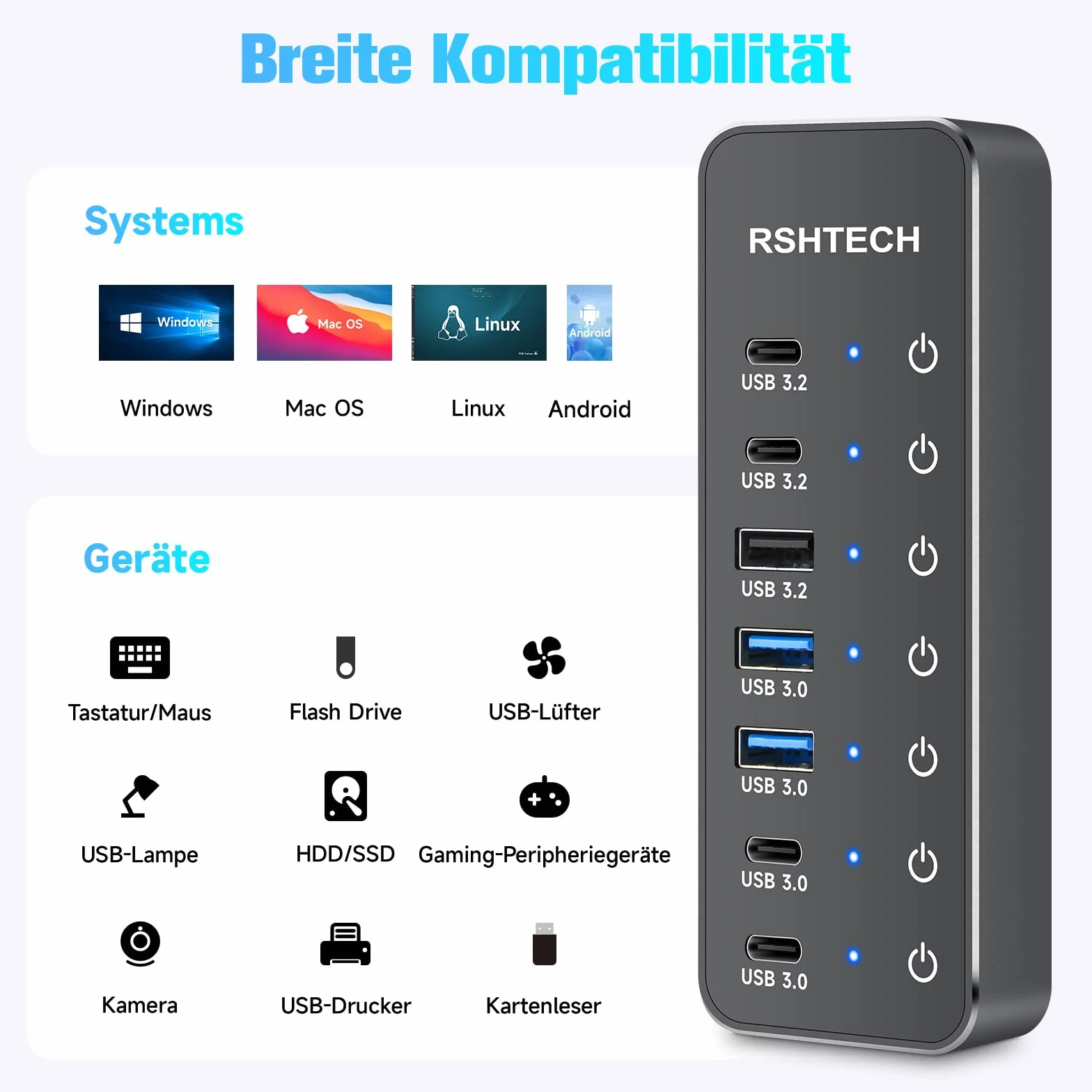RSHTECH 7-portowy koncentrator USB C 3.2 aktywny z zasilaczem sieciowym – koncentrator USB 3.1 Gen2 z 3 portami 10 Gbps (typ A, 2 x typ C), 3,0 5 Gbps (2 x Ty-A, 2 * Ty-C) - kabel do transmisji danych