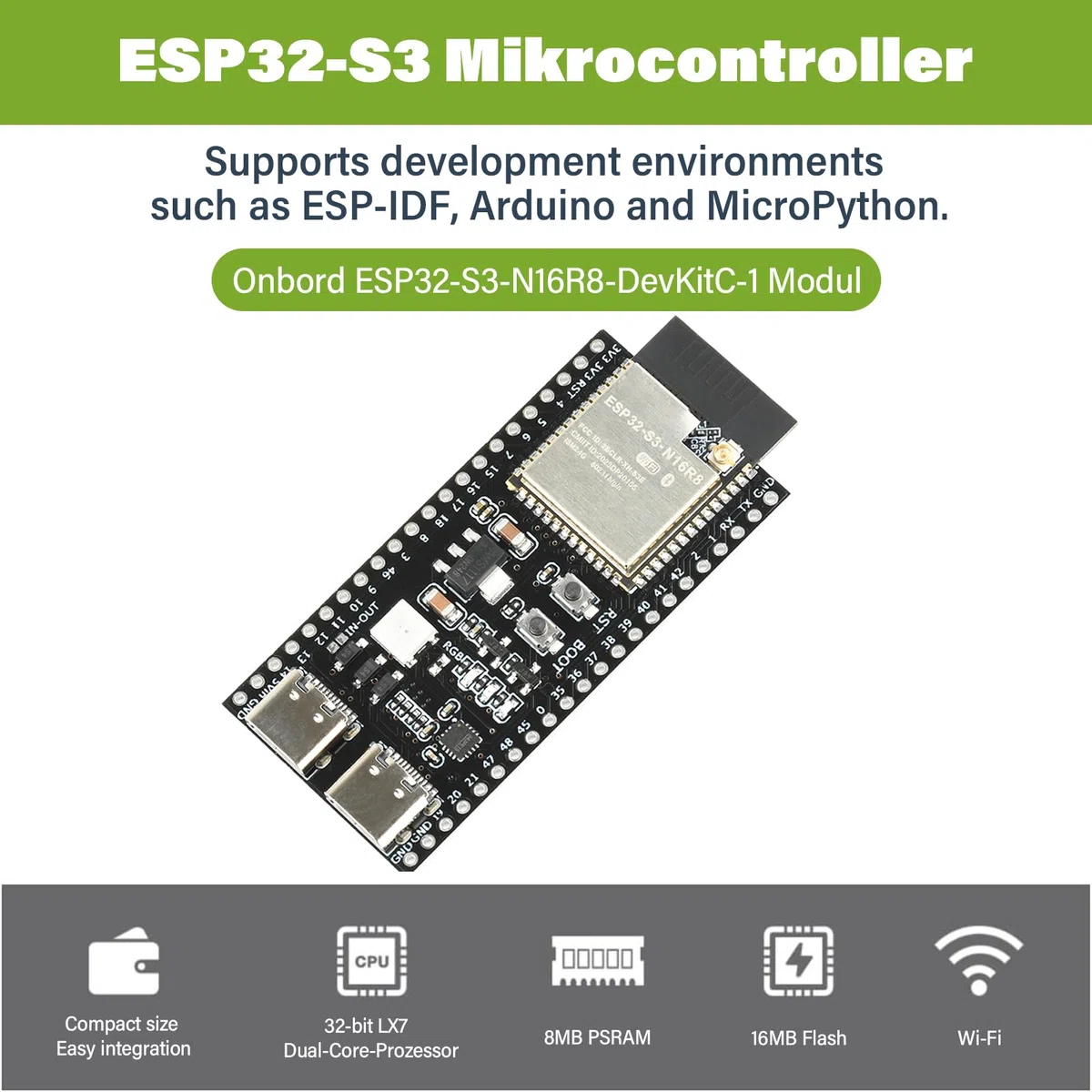 diymore 3 szt. do ESP32-S3 DevKitC-1 N16R8 moduł, do ESP32 S3 1-N16R8 deska rozwojowa z WiFi, Bluetooth 5.0, antena USB C