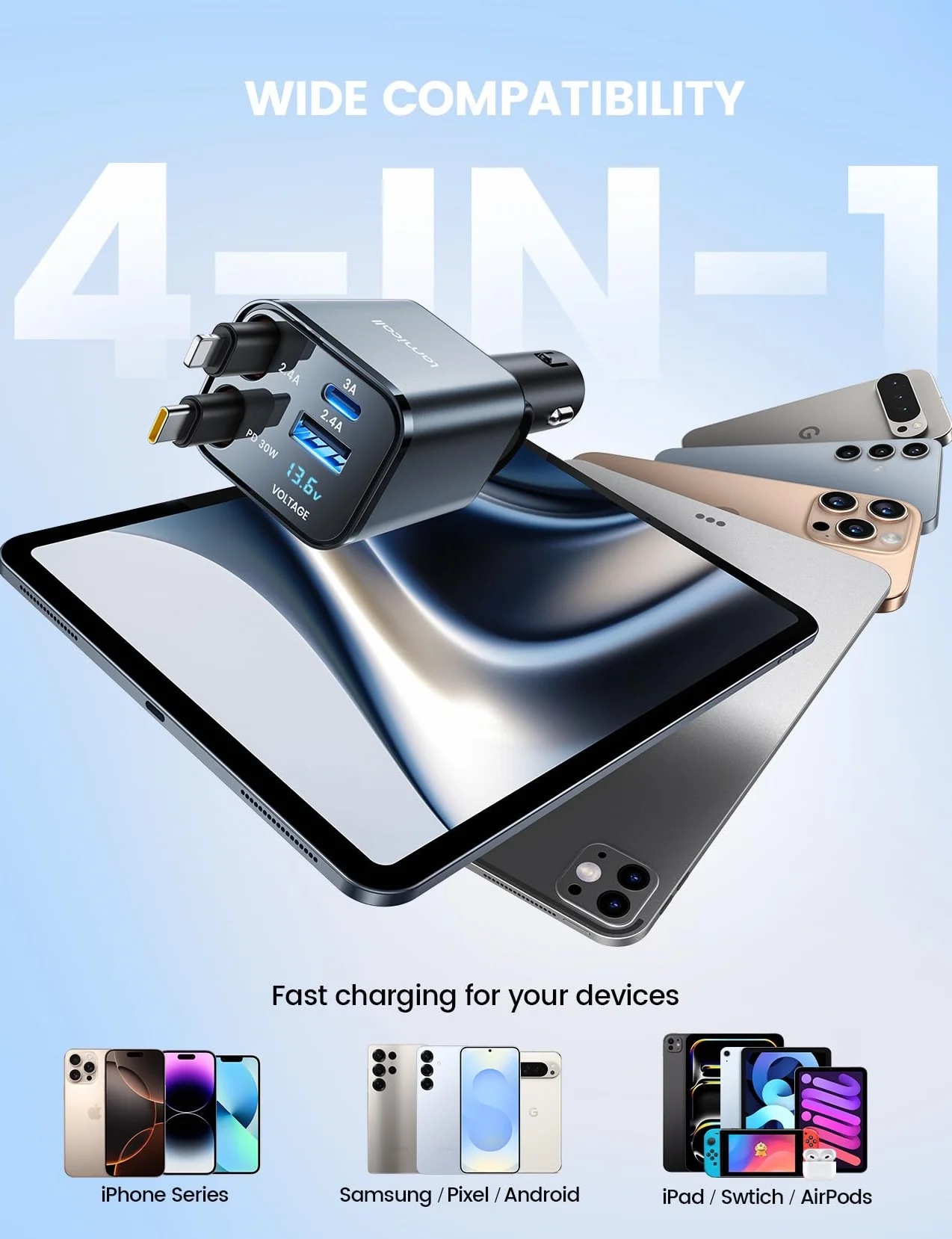 Lamicall 4 w 1 Ładowarka USB 69 W do Zapalniczki Samochodowej z 2 Wysuwanymi Kablą