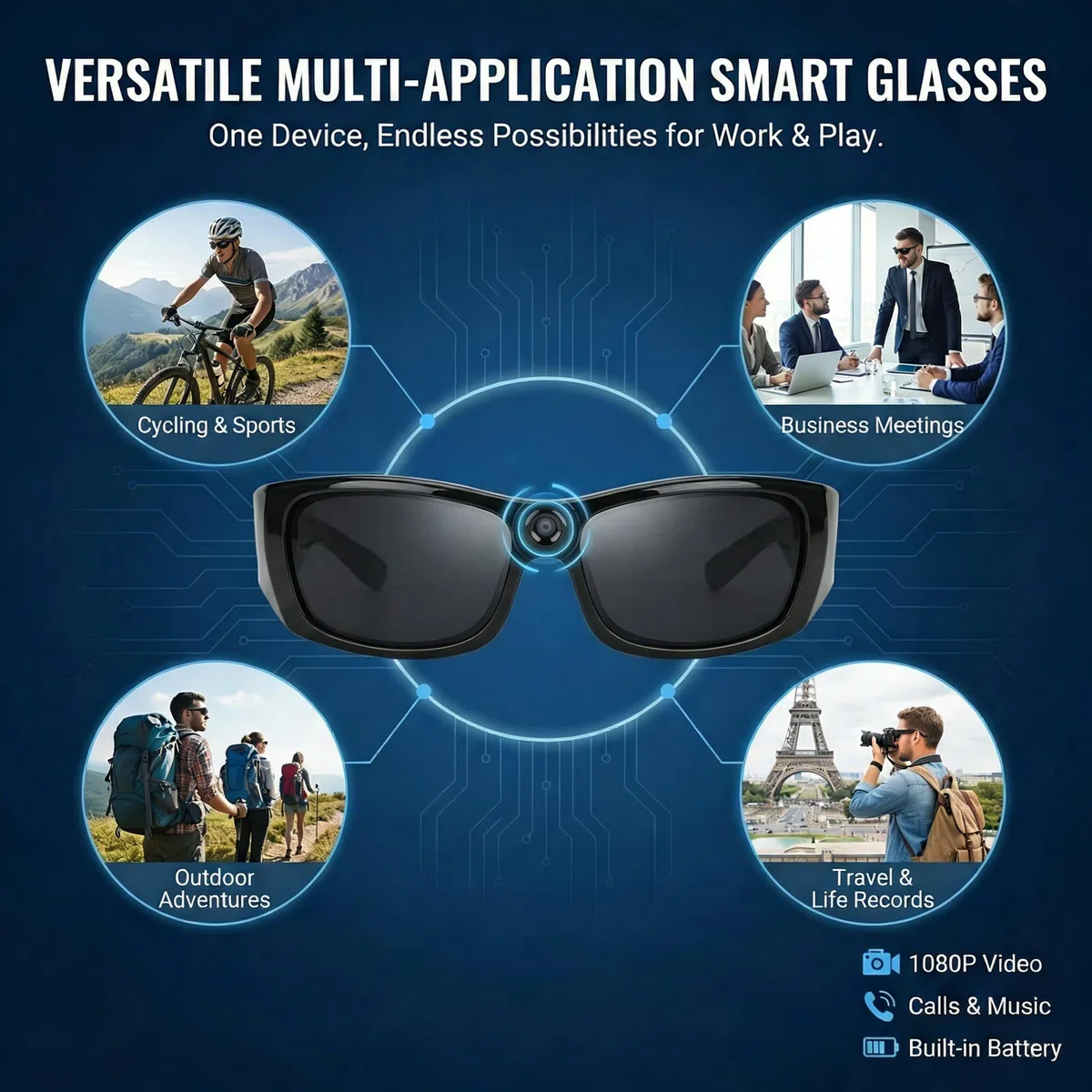 1080p Smart Blueteeth HD Camera HD Soczewki polaryzacyjne Sportowe okulary przeciwsłoneczne, wsparcie połączenia wideo, nadaje się do jazdy na rowerze w pomieszczeniach i podczas jazdy na