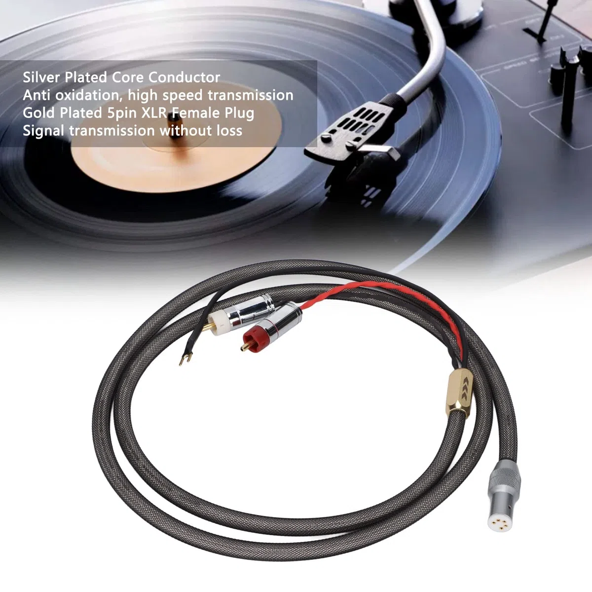 Kabel do Gramofonu, XS-0609 Kabel do Ramienia Gramofonowego z Winylem z Kablem Uziemienia Posrebrzany Kabel RCA na 5-pinowy Kabel XLR do Gramofonu Gramofonowego(2M)