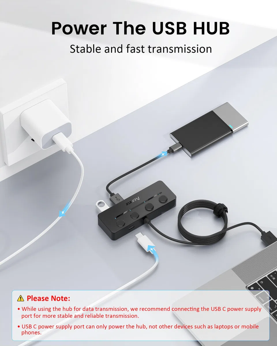 Aceele 4-portowy Koncentrator Usb Z Kablem Przedłużającym 120cm/4ft, Koncentrator Danych Usb A 3.0 Z Indywidualnymi Przełącznikami Zasilania Led Do Komputerów Pc, Laptopów, Pamięci Flash