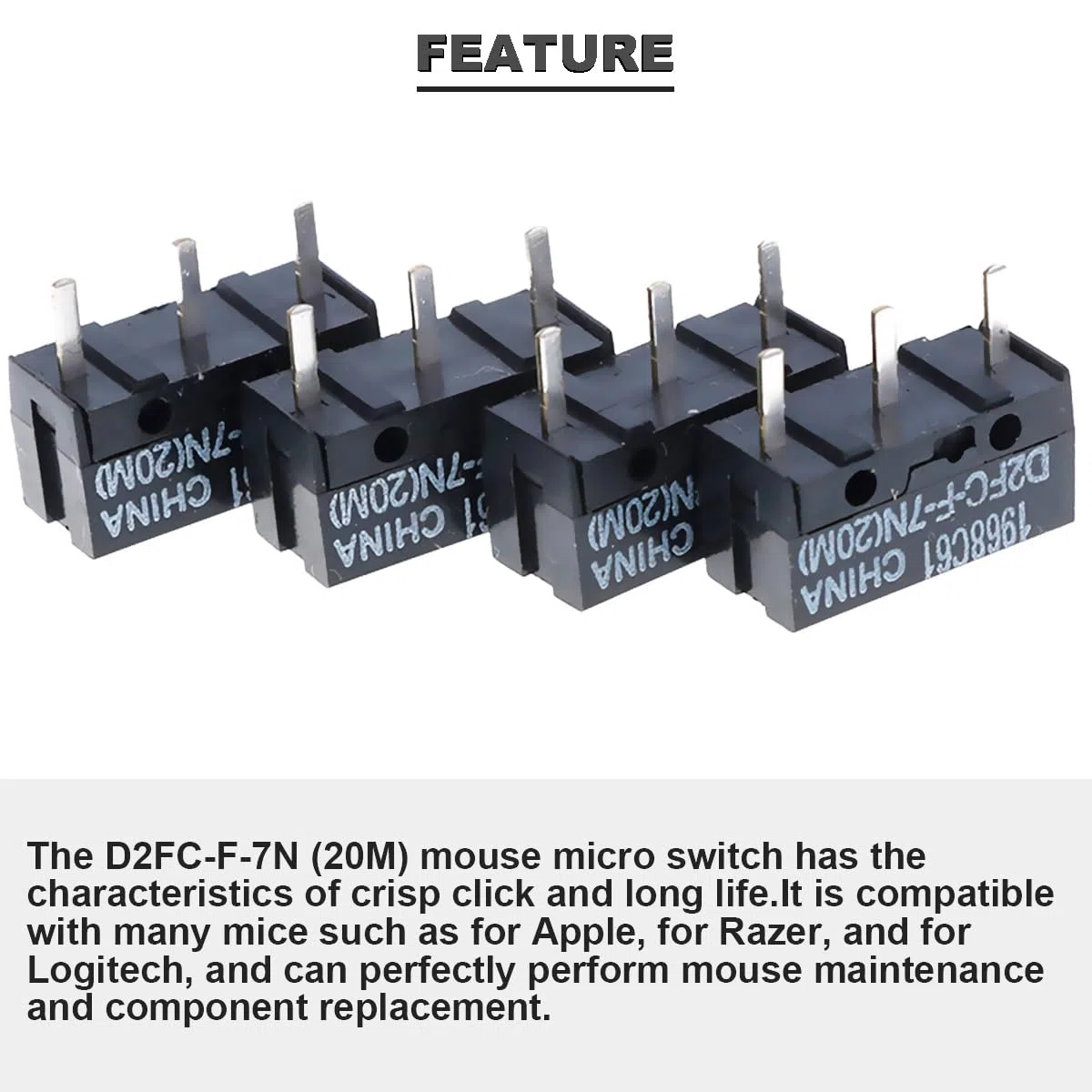 D2FC-F-7N (20 m) moduł Micro Switch D2FC-F-7N przełącznik z wyraźnym kliknięciem z przyciskiem mysz po naprawie, metalowe naklejki do myszy Logitech, Razer, Apple, 10 sztuk