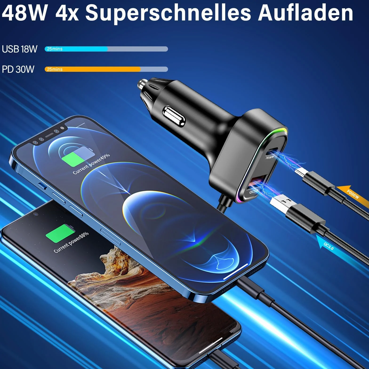 Adapter Bluetooth samochodowy FM z RGB, zestaw głośnomówiący Bluetooth 5.3, PD30W USB-C QC3.0, ładowarka samochodowa do iPhone Android