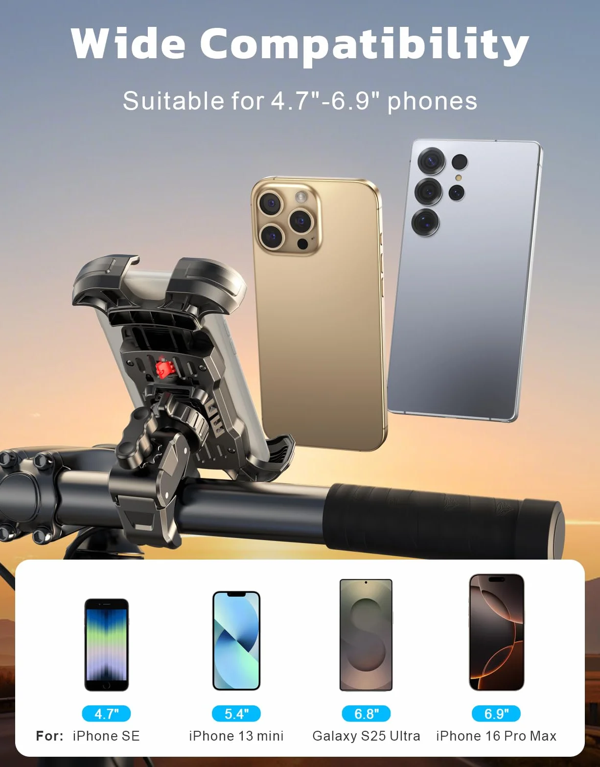 antywibracyjny uchwyt na telefon do motocykla i roweru, szybka blokada, obrotowy 360°, kompatybilny z iPhone 16/15/14 Pro Max, Galaxy, smartfony 4.7''-6.9''