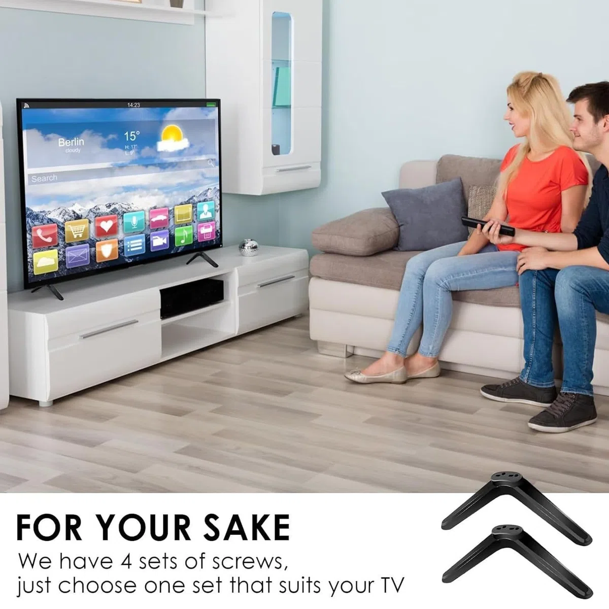 AMONIDA Podstawa Pod Telewizor, łatwa Instalacja Wymienne Nóżki do Podstawy Telewizora z Podkładkami Antypoślizgowymi, do Telewizorów Smart TV