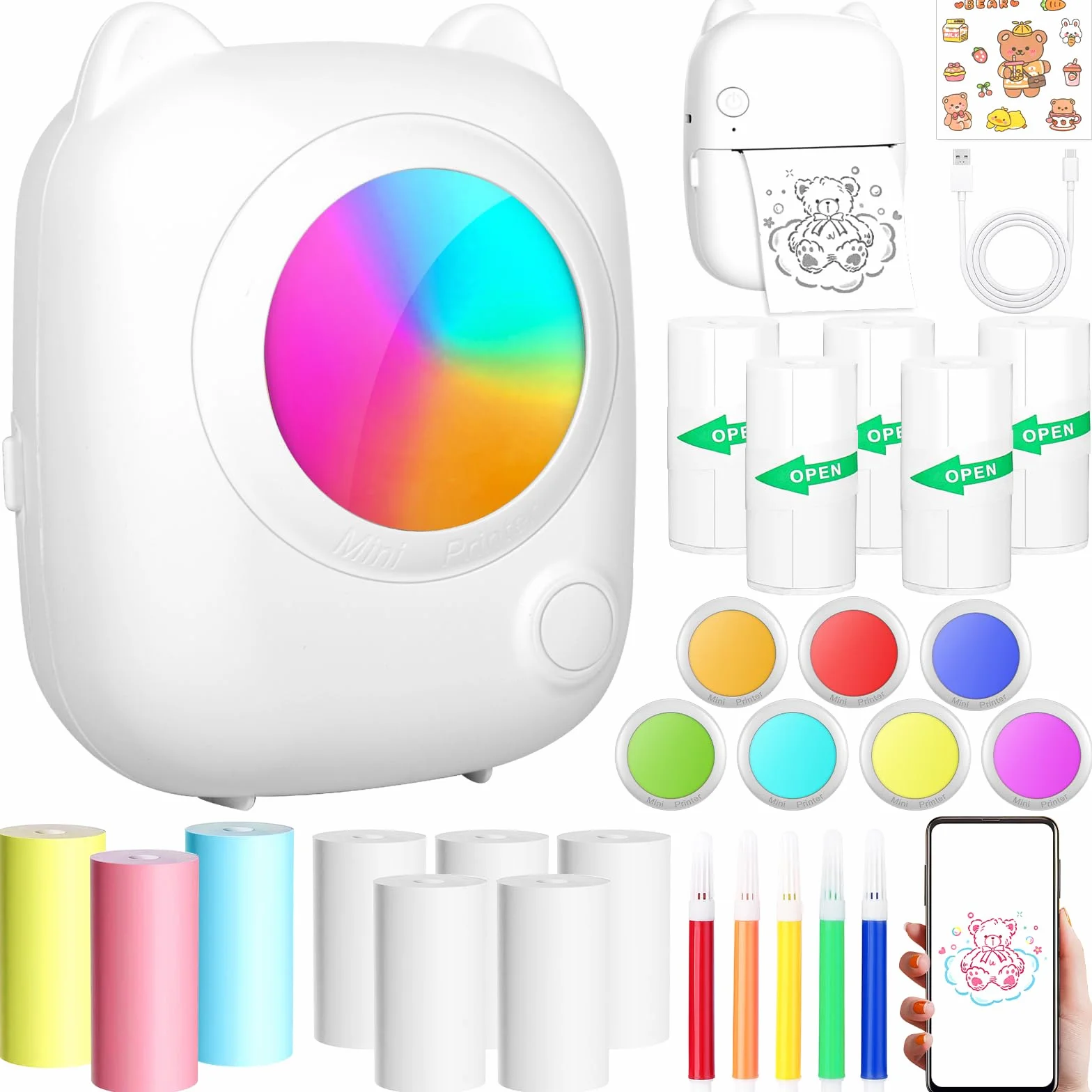Mini Przenośna Drukarka Fotograficzna, Bezprzewodowa Natychmiastowa Drukarka Termiczna Bluetooth z 14 Rolkami Papieru, Inteligentna Drukarka Bluetooth dla iOS i Androida do Etykiet, Zdjęć