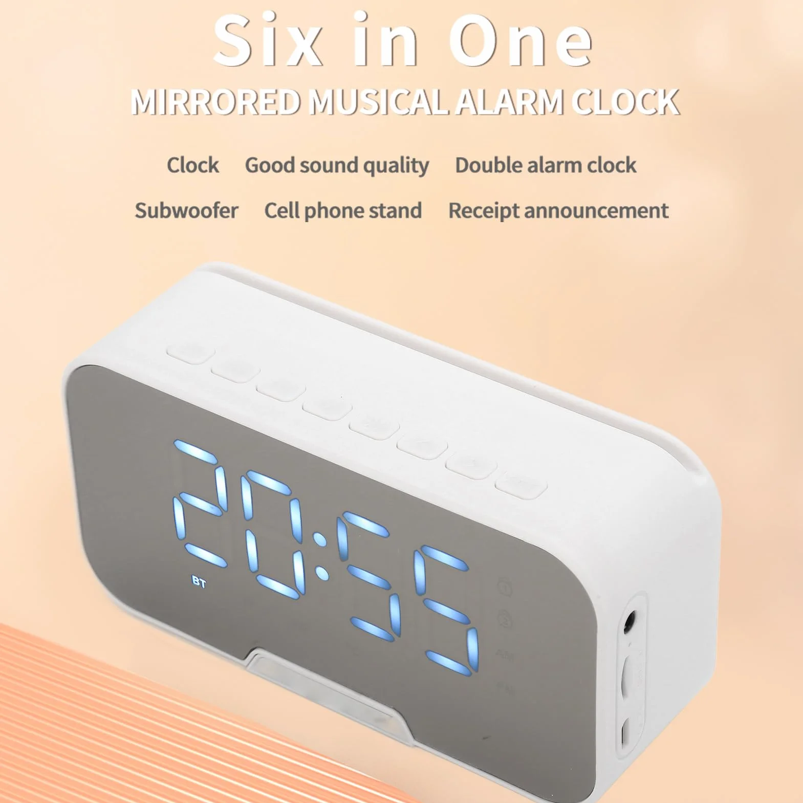 Głośnik Bluetooth z Cyfrowym Budzikiem, Wielofunkcyjny Głośnik z Lustrzanym Budzikiem i Radiem FM do Biura w Sypialni, Obsługa Radia FM z Wyświetlaczem Temperatury (Biały)