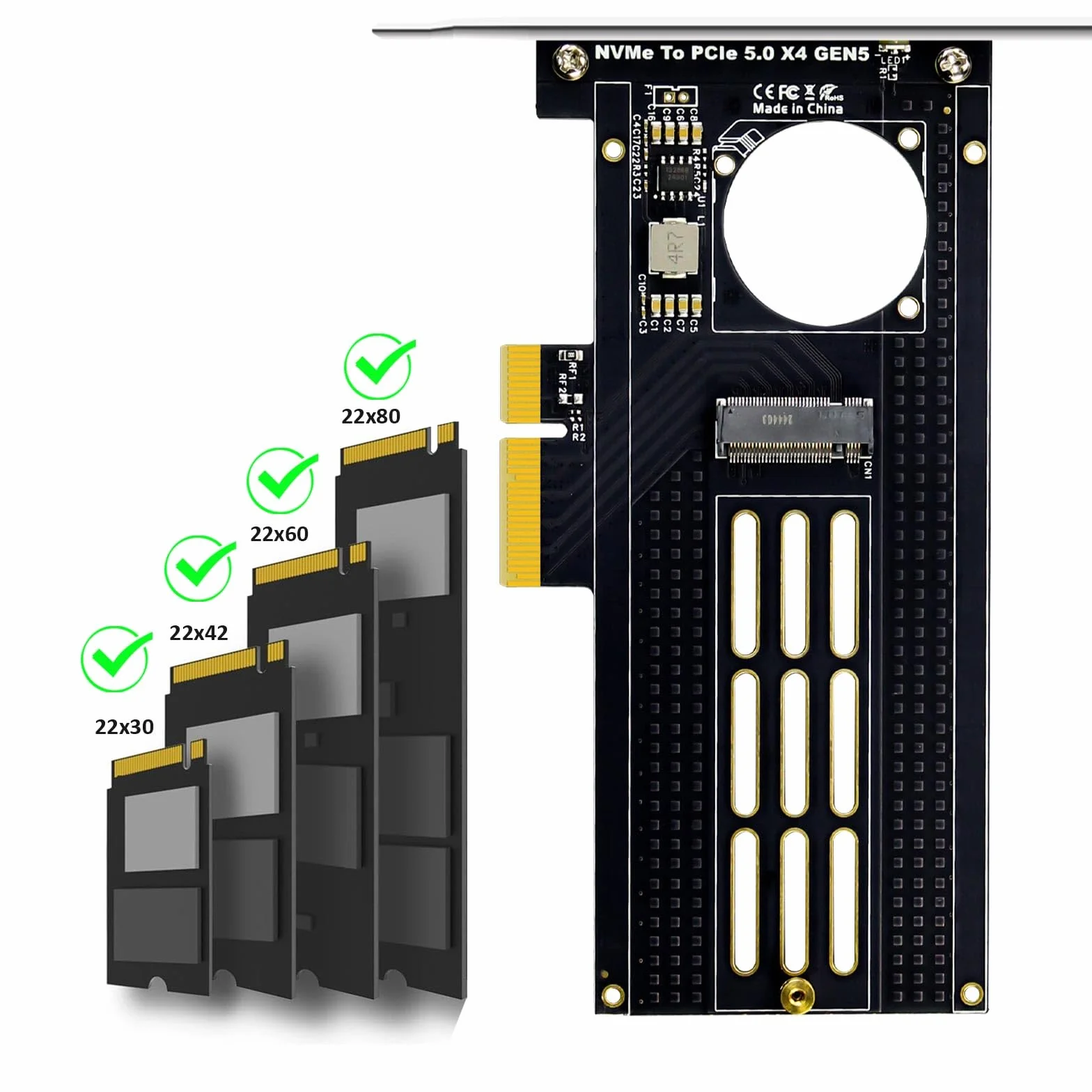 GLOTRENDS PA19 Adapter M.2 NVMe do PCIe 5.0 X4 dla M.2 NVMe SSD, duża aluminiowa osłona radiatora, zwykły i niskoprofilowy wspornik