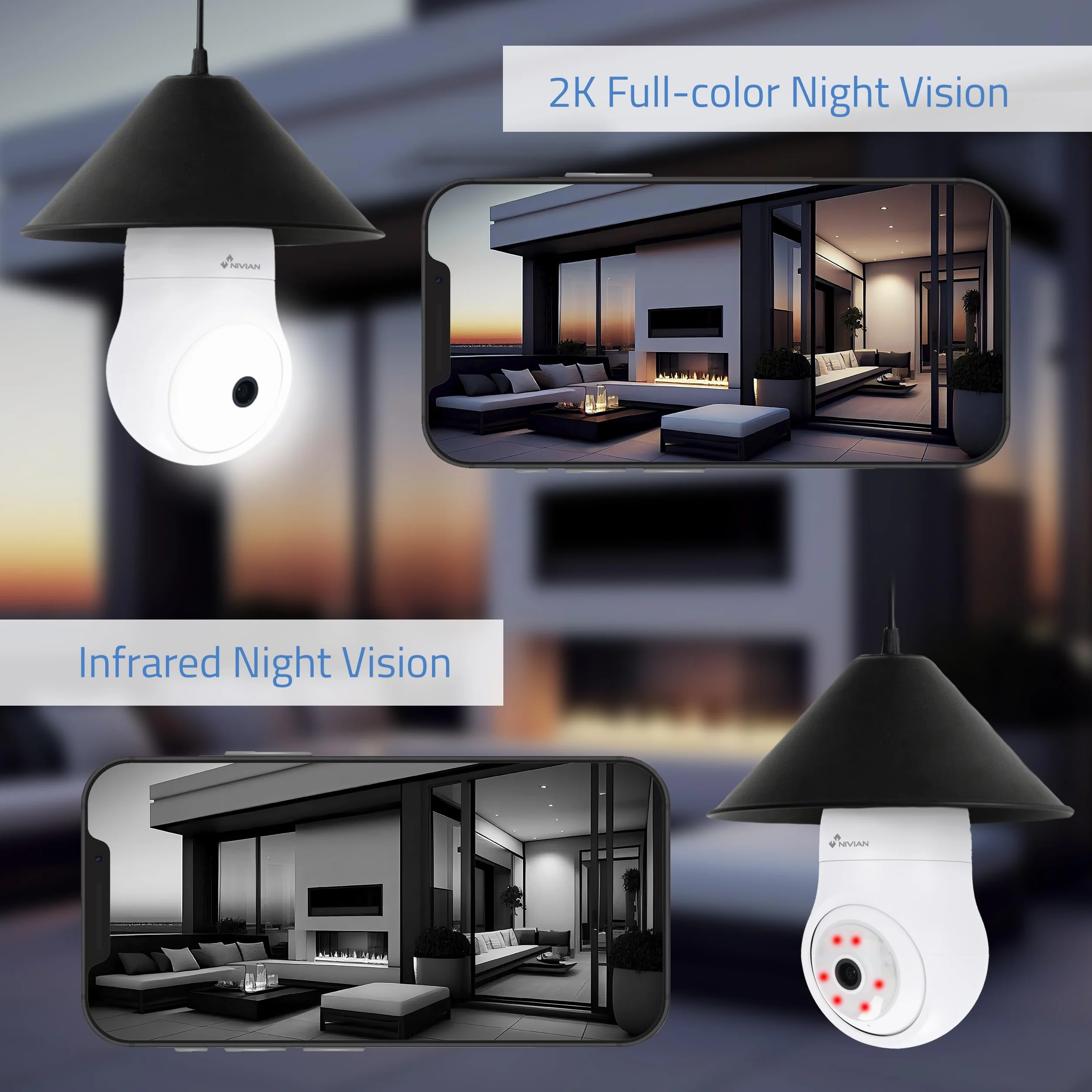 NIVIAN -Kamera monitorująca Wifi Typ żarówki E27-2K 360 ° ruchu- Dwukierunkowy dźwięk-Rozpoznawanie i śledzenie człowieka-Noktowizor 10m-Kompatybilny z Alexa i Google Home–Aplikacja Tuya