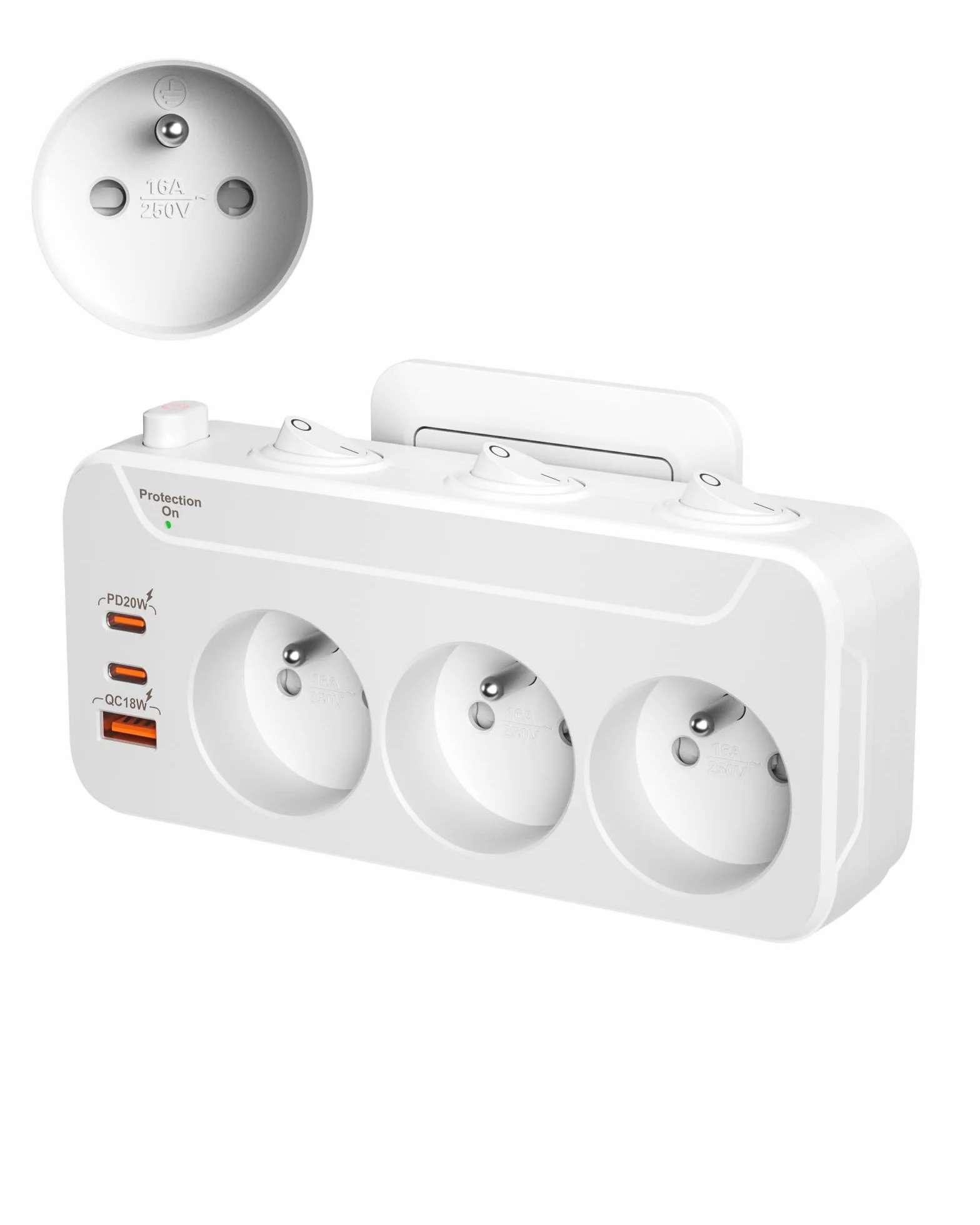 Listwa Zasilająca 3 Gniazdo, PD20W Wielokrotne Gniazdo z Wyłącznikami,Listwa Zasilająca Przeciwprzepięciowa 3 Gniazda Elektryczne,Rozdzielacz Elektryczny Adapter do Gniazdka z Type-c,Biały