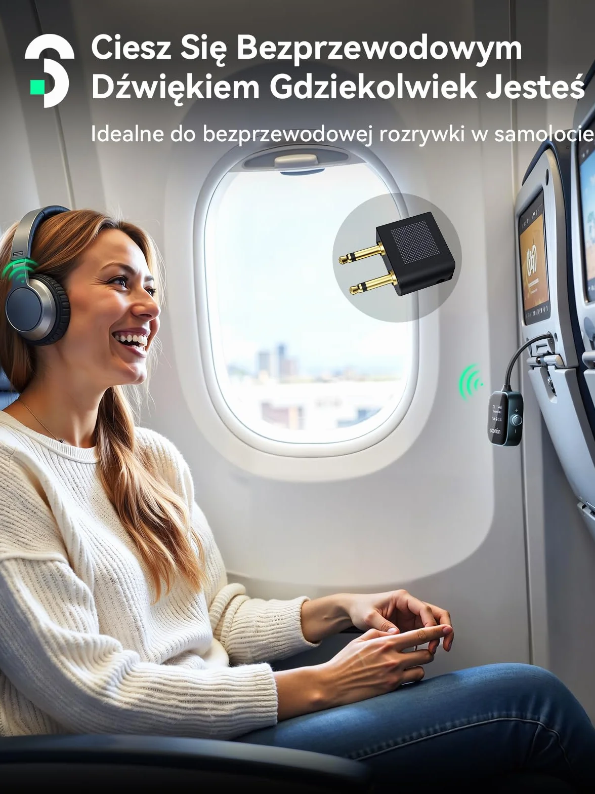 SOOMFON Odbiornik nadajnika Bluetooth 5.3 z gniazdem 3,5 mm z ekranem LCD, podwójne parowanie, adapter Bluetooth AUX 13H, bezprzewodowy nadajnik audio 2 w 1, do samolotu, telewizora, słuchawek