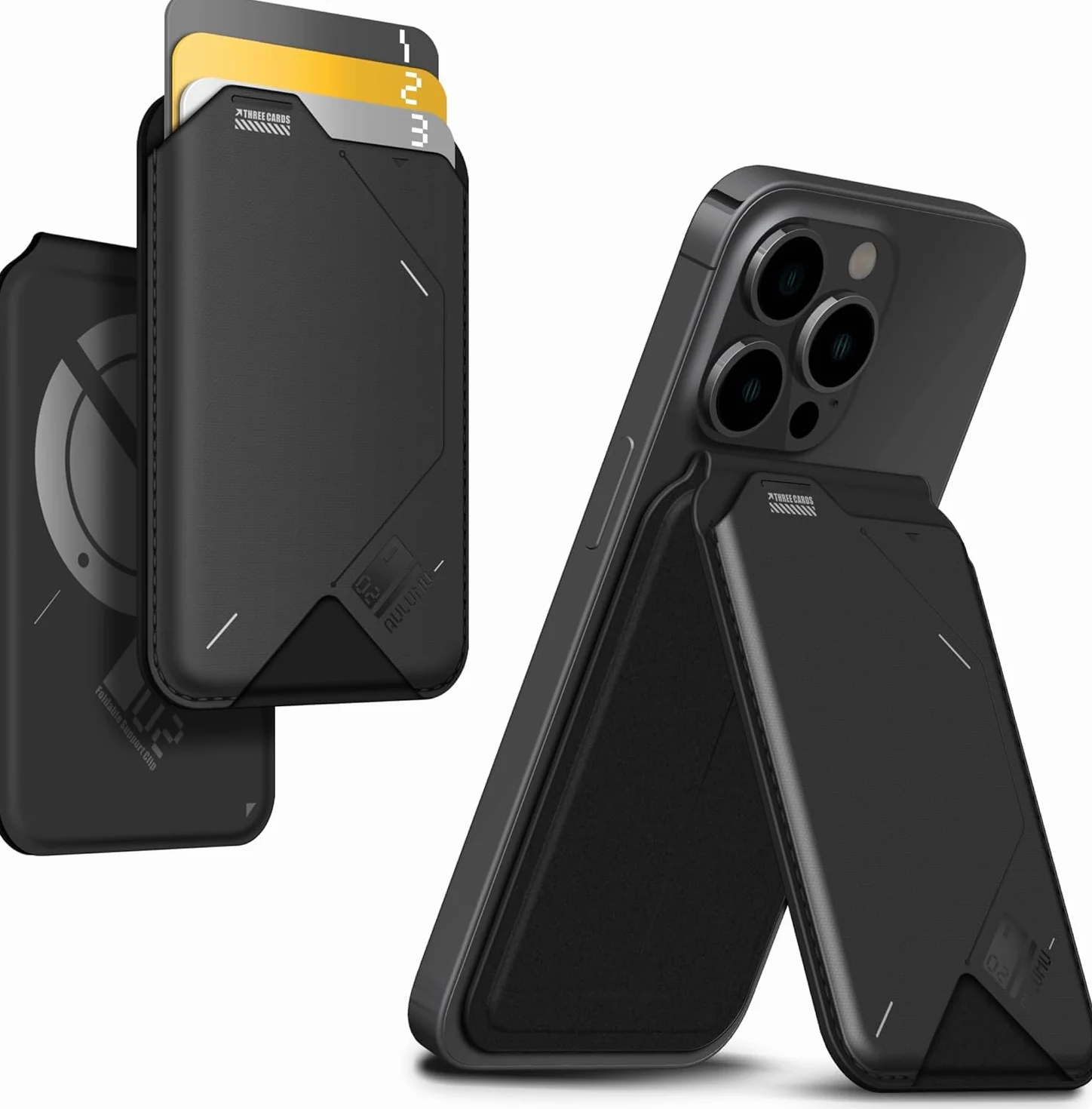 Aulumu G02 V2 Portfel Magnetyczny i Stojak, Kompatybilny z MagSafe, Regulowany Stojak, Okno na ID, Portfel Magnetyczny na Telefon dla iPhone 16/15/14/13/12 Serii - Czarny