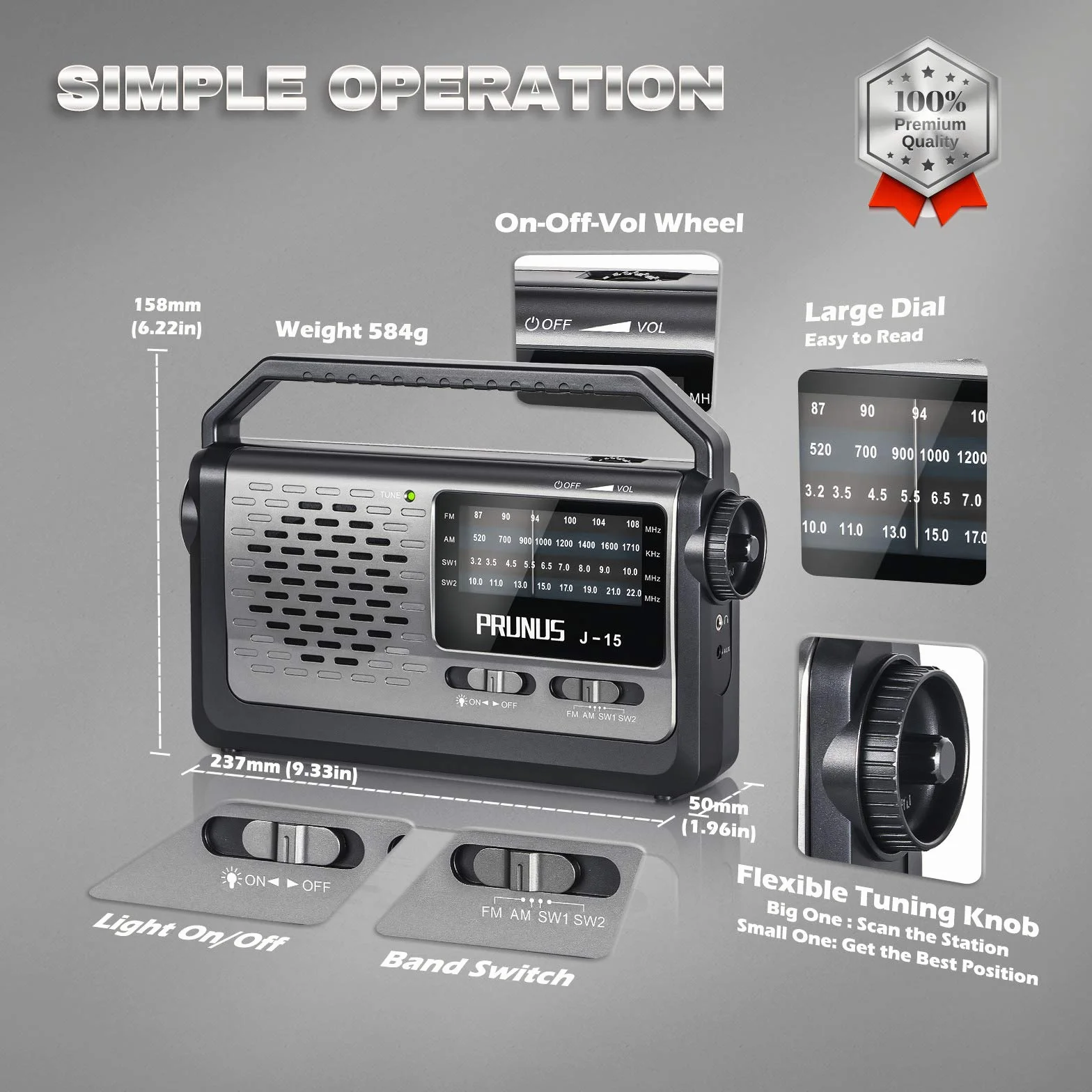 PRUNUS J-15 radio walizkowe, odbiornik światowy, radio UKW/FM/AM/SW, przenośne radio zasilane bateriami lub prądem AC, małe radio z kablem, duży głośnik 3 W, latarka w sytuacjach awaryjnych.