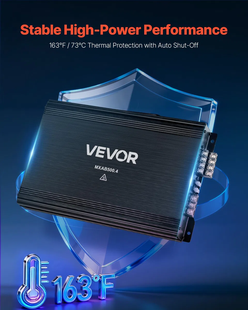 VEVOR 4-kanałowy samochodowy wzmacniacz audio 2 omy stabilny mostkowy klasa A/B pełny zakres wzmacniacza maksymalna moc 4 x 250 W przy 4 omach / 4 x 500 W przy 2 omach do samochodów SUV ciężarówek