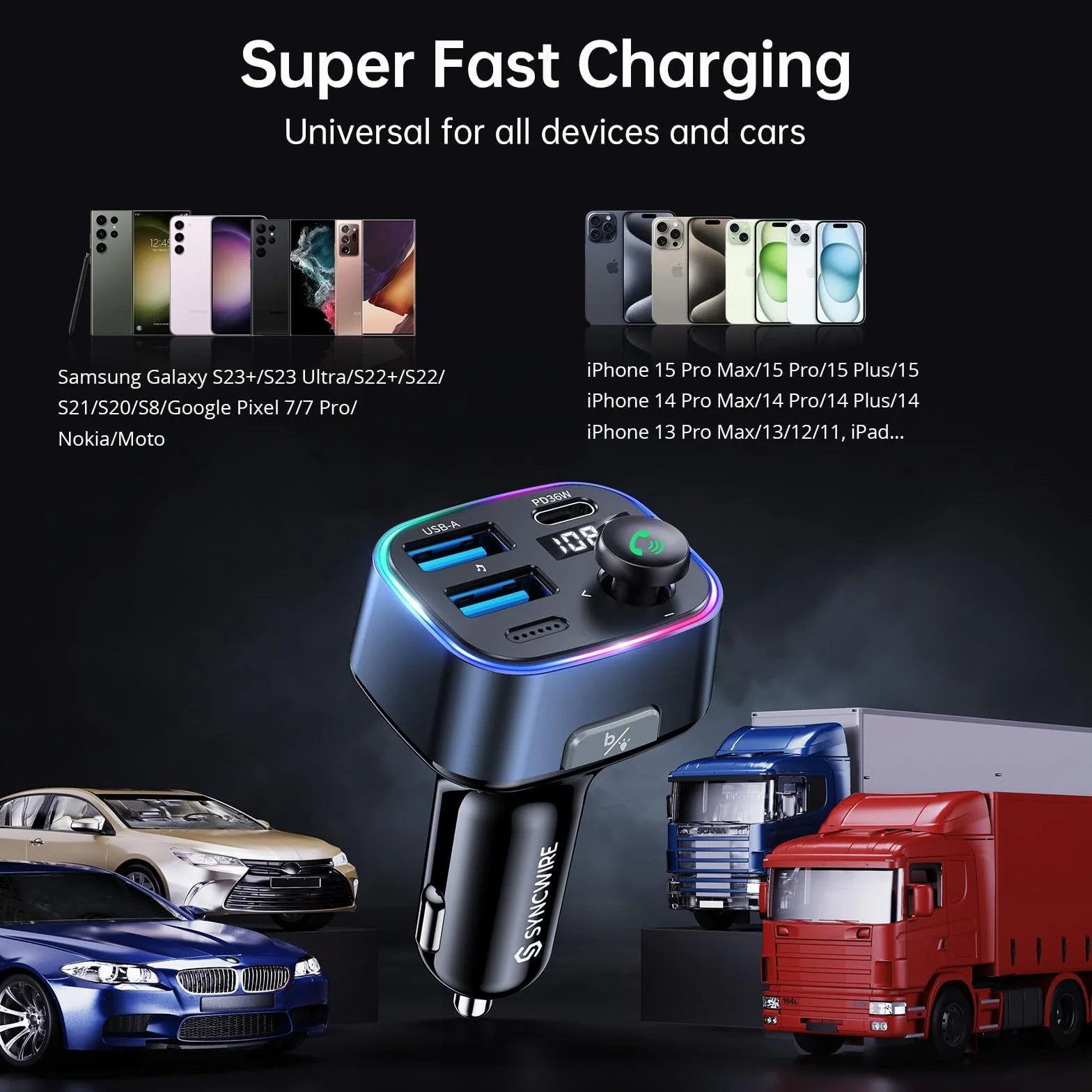 SYNCWIRE Nadajnik samochodowy Bluetooth 5.3 FM, 48 W(PD 36W i 12W) Ładowarka USB Adapter samochodowy Bezprzewodowy odbiornik radiowy, wyświetlacz LED, zestaw głośnomówiący, obsługa napędu USB 64 GB,