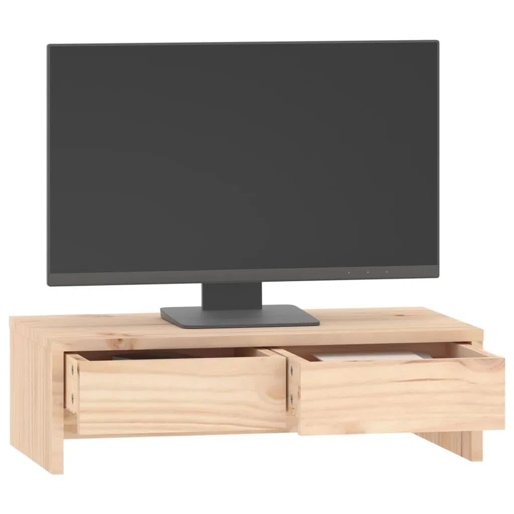 Hothingwell Stojak na monitor 50x27x15 cm z litego drewna sosnowego, tablet ekranowy z dwiema szufladami do przechowywania, minimalistyczny design stojak komputerowy do biura