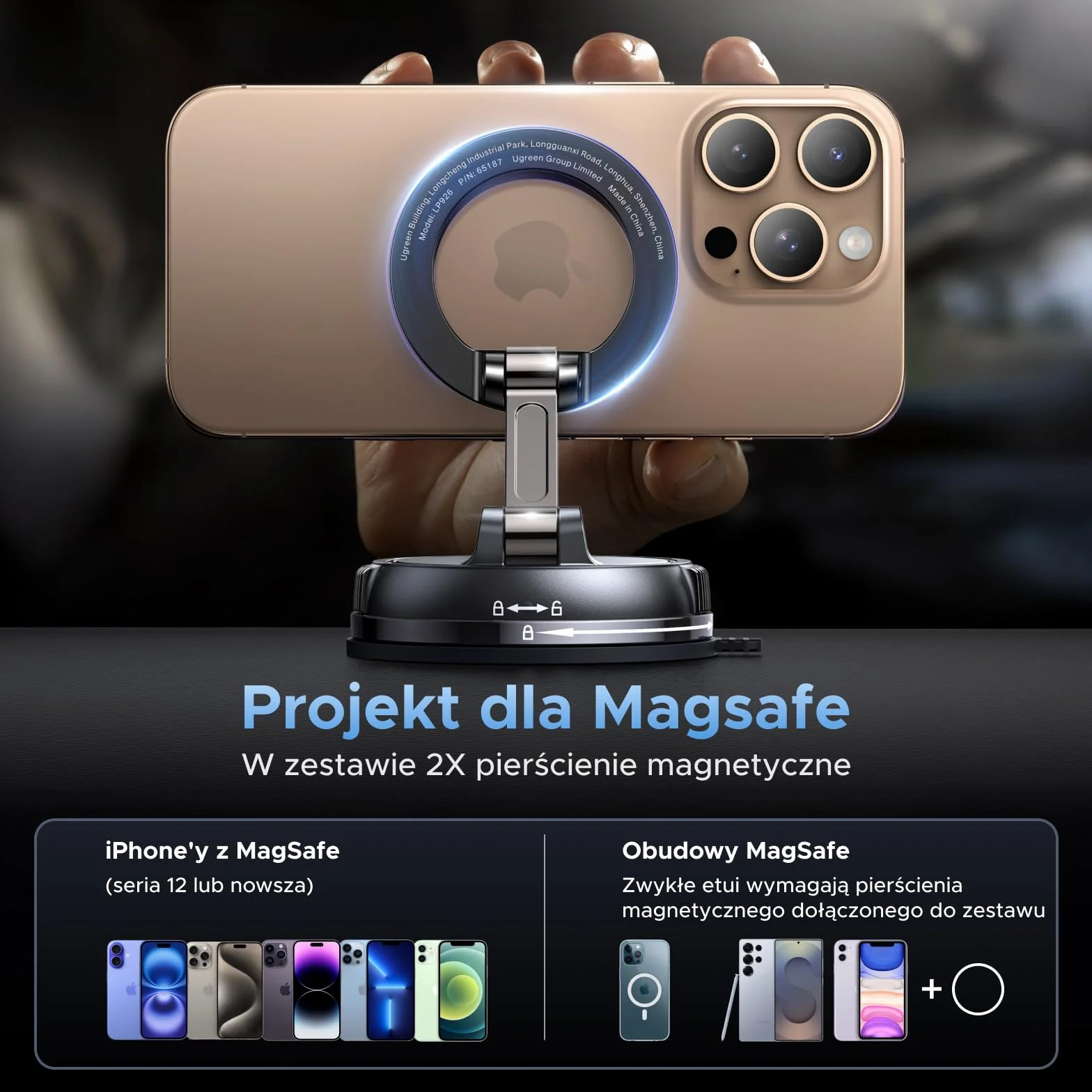 UGREEN Magsafe Uchwyt samochodowy N55 Super siła magnetyczna z ultra mocną przyssawką i silikonową podkładką, uchwyt na telefon komórkowy do samochodu Kompatybilny z iPhone 17 16 15 14 13 12 Pro Max