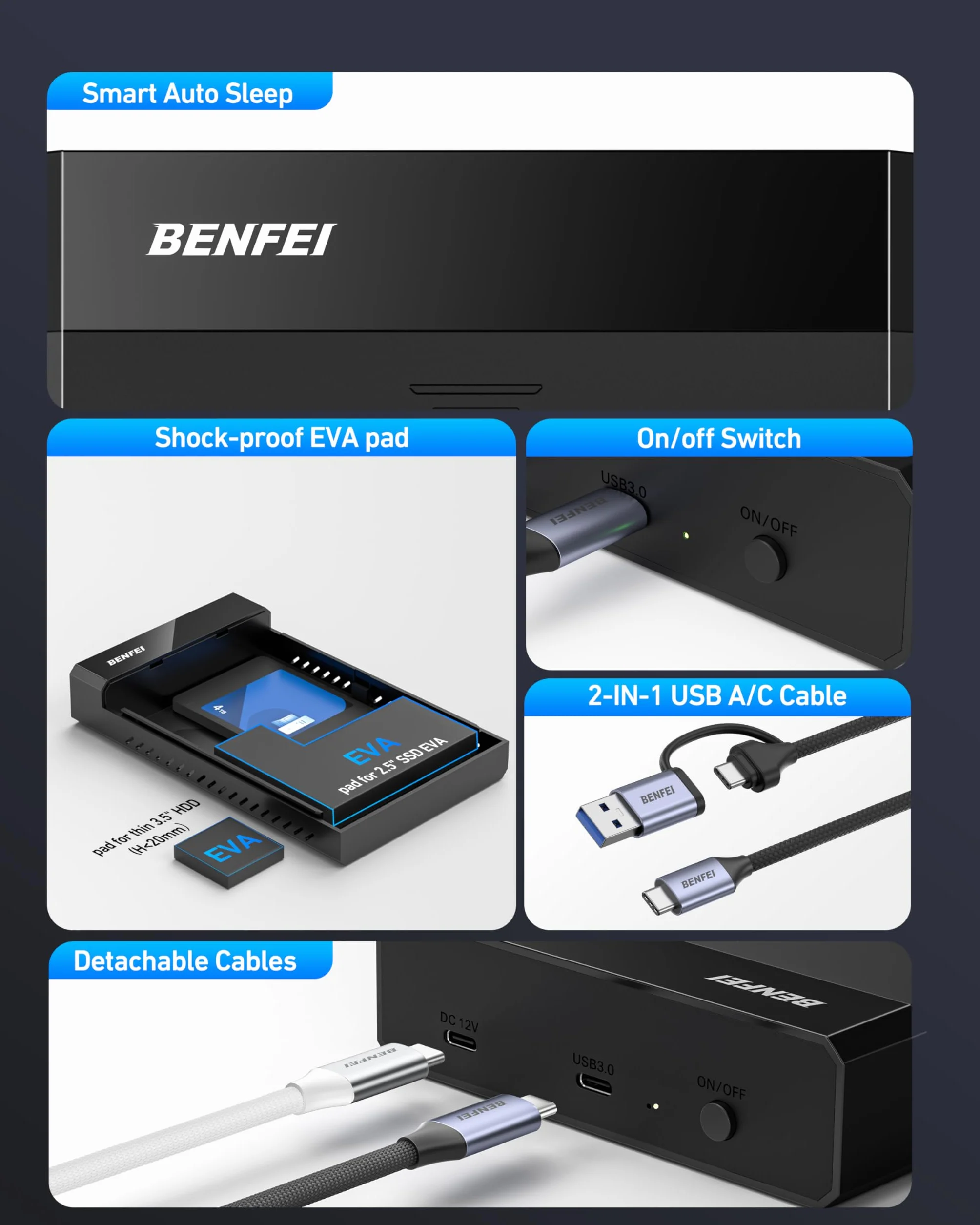 BENFEI Obudowa HDD/SSD SATA 3,5/2,5 cala, konstrukcja bez narzędzi, obsługuje dyski twarde 20 TB i UASP