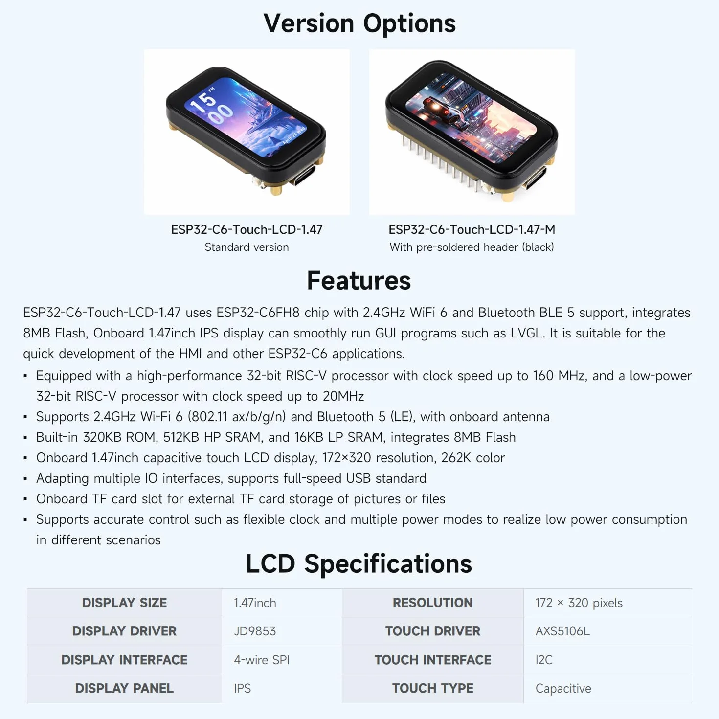 Waveshare ESP32-C6 1.47inch Touch Display Development Board, 172x320 Resolution, 262K Color, WiFi 6, BLE 5, RISC-V 160MHz