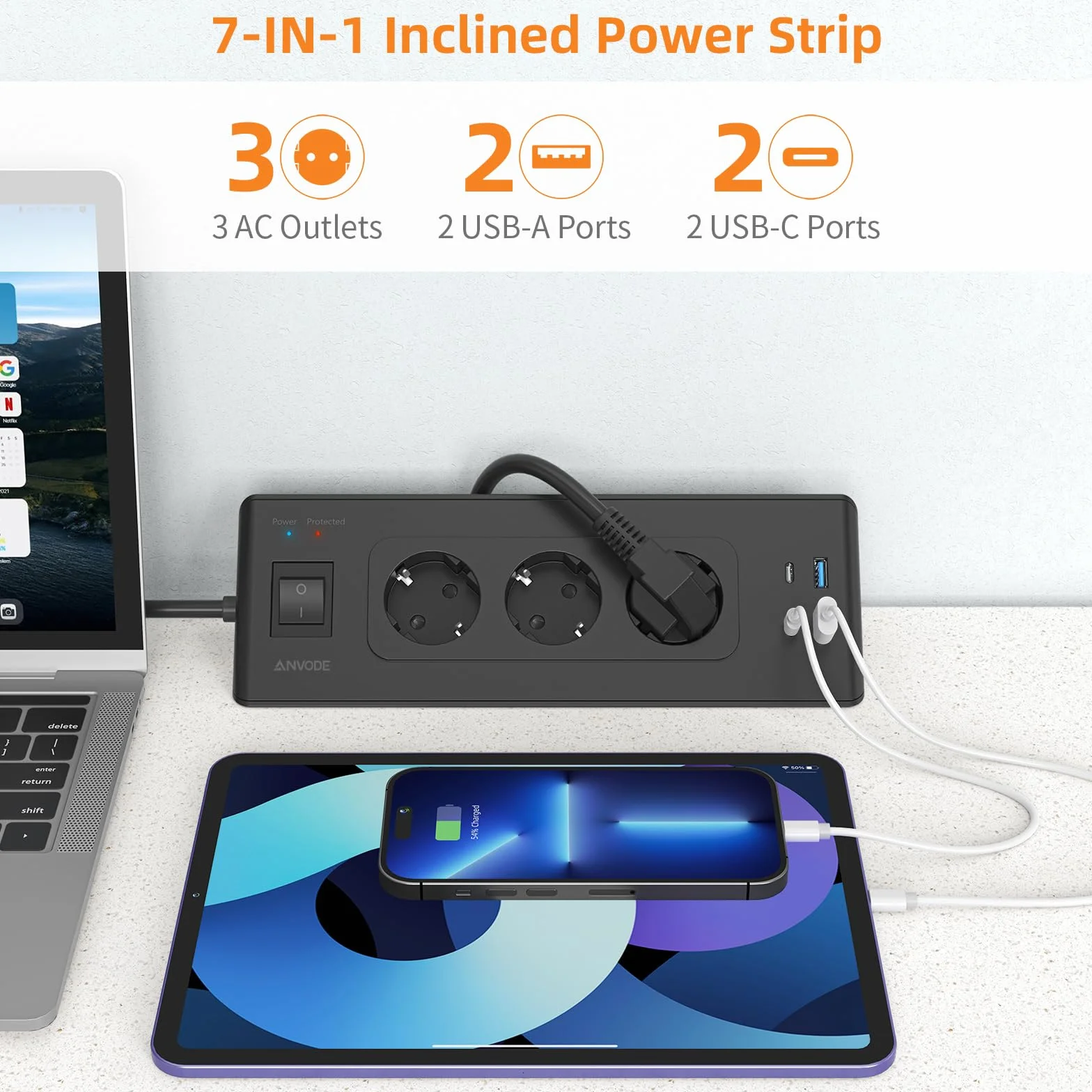 Narożne gniazdo wtykowe z USB i 2 Type-C, 3-gniazdowa narożna listwa zasilająca z przełącznikiem, wielogniazdowa listwa zasilająca z ochroną przed przeciążeniem do kuchni, kabel 2M
