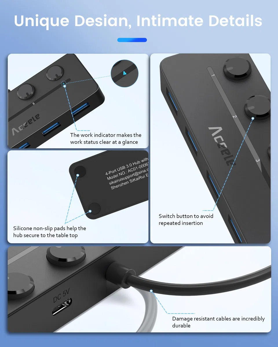 Aceele 4-portowy Koncentrator Usb Z Kablem Przedłużającym 120cm/4ft, Koncentrator Danych Usb A 3.0 Z Indywidualnymi Przełącznikami Zasilania Led Do Komputerów Pc, Laptopów, Pamięci Flash