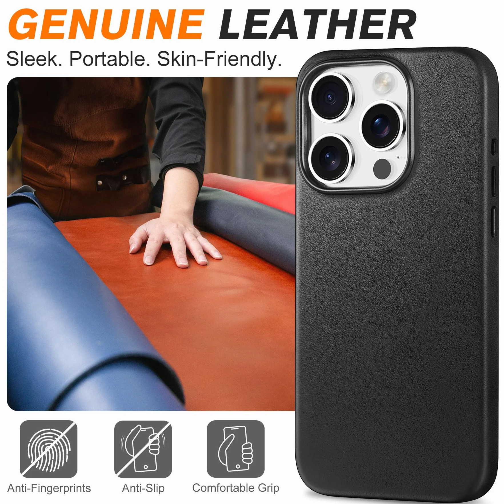 SHIELDON Etui iPhone 15 Pro 6,1" Prawdziwa Skóra Magnetyczne Slim Fit Antyzarysowania Ładowanie Bezprzewodowe Odporne na Wstrząsy Ochronne Czarny