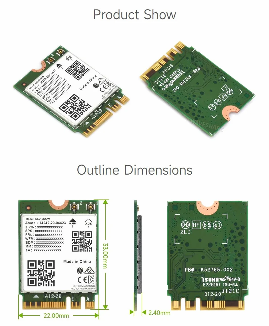 Waveshare Wireless AX210 NIC Card Gigabit Tri-Band Wi-Fi 6E M.2 802.11AX BT5.3