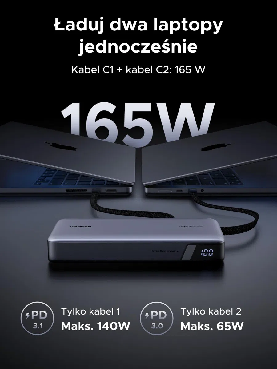 UGREEN Nexode Powerbank 25000mAh 165W z 2 wbud. USB-C-kable | Port USB-C max. 140W (PD3.1), 3x USB-C+1x USB-A, do podróży/biura, kompatybilny z MacBook Pro, Dell i iPhone