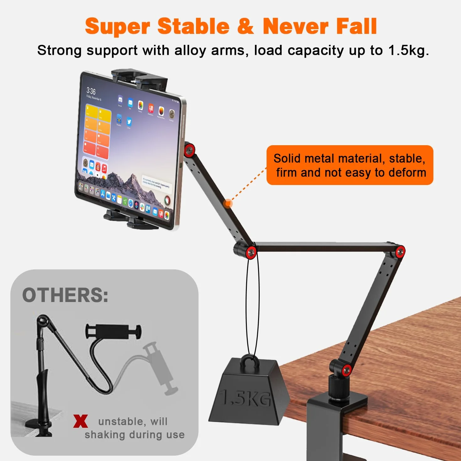 Stojaczek na tablet, uchwyt na iPad do stołu 360° obrotowy, uchwyt na tablet z regulowanym długim ramieniem, składany uchwyt na biurko do iPad Pro Air Mini, tablety i telefony 4.7"-12.9"