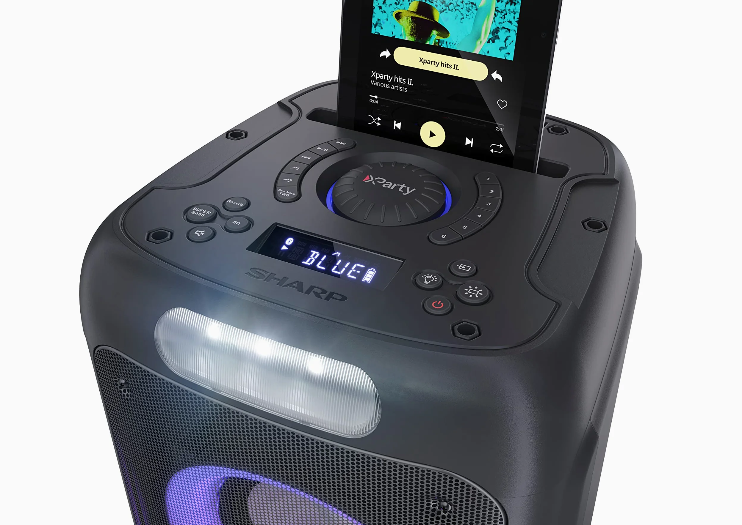 Sharp PS-949 głośnik imprezowy, 12 godzin odtwarzania z wbudowaną baterią, migającą diodą LED, bezprzewodowe przesyłanie muzyki Bluetooth i super bas.