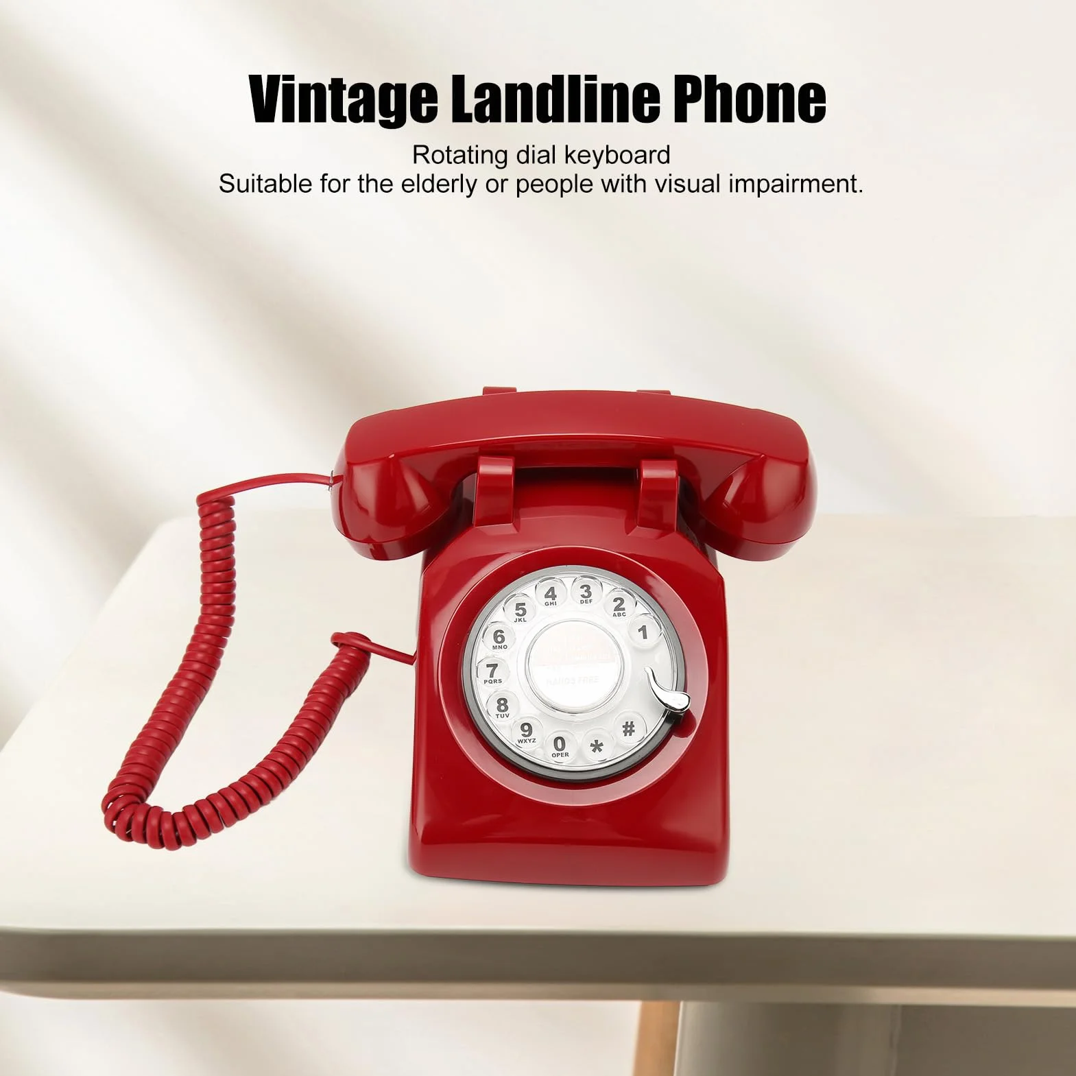 Generic Obrotowy Telefon w Stylu Vintage Elegancki Telefon Biurkowy w Stylu Retro z Mechanicznym Dzwonkiem do Domowego Hotelu Biurowego (czerwony)