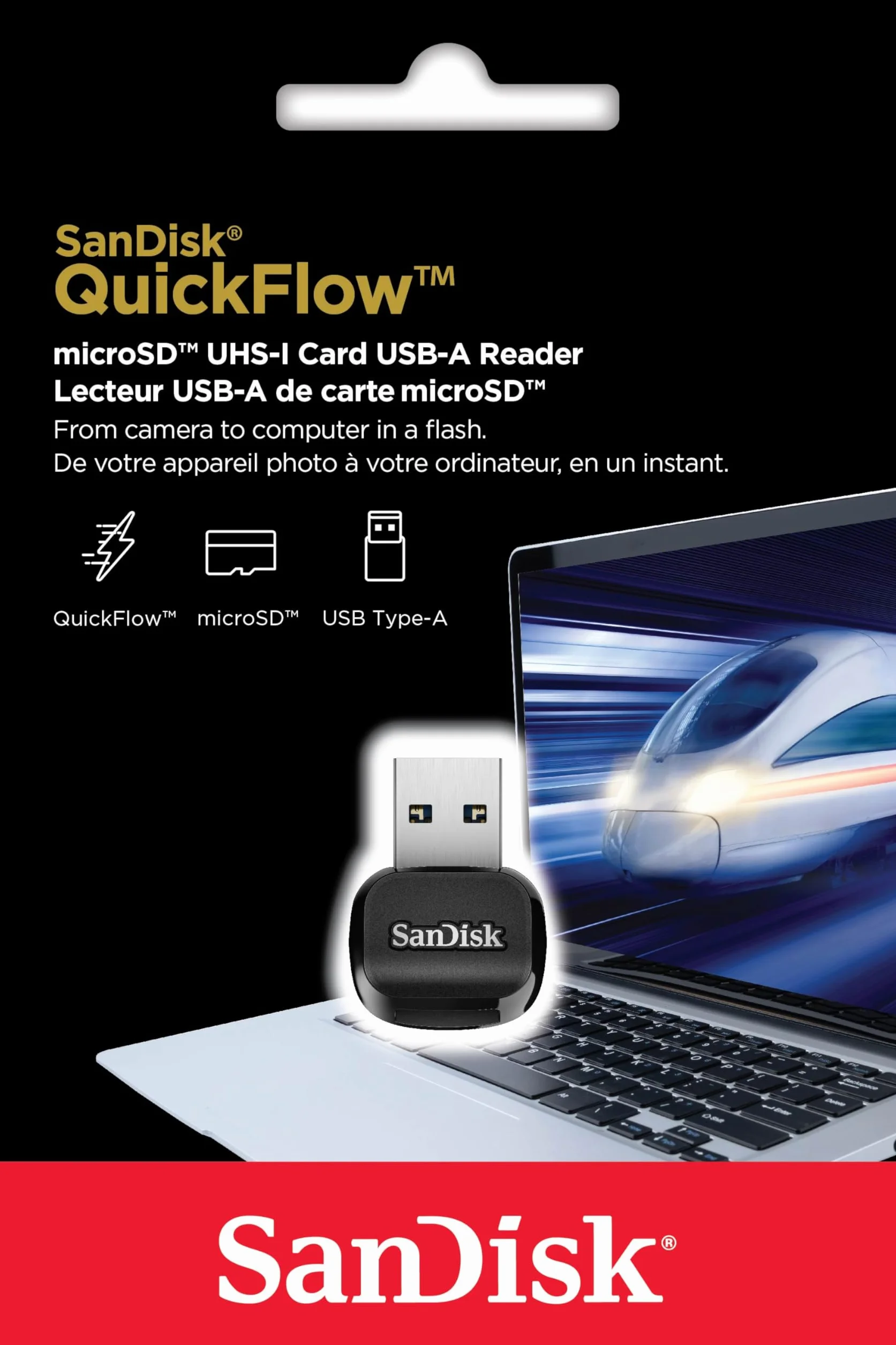 SanDisk QuickFlow microSD UHS-I czytnik/zapis USB-A, odczyt do 250 MB/s i prędkość zapisu 150 MB/s, USB 3.2 Gen 1